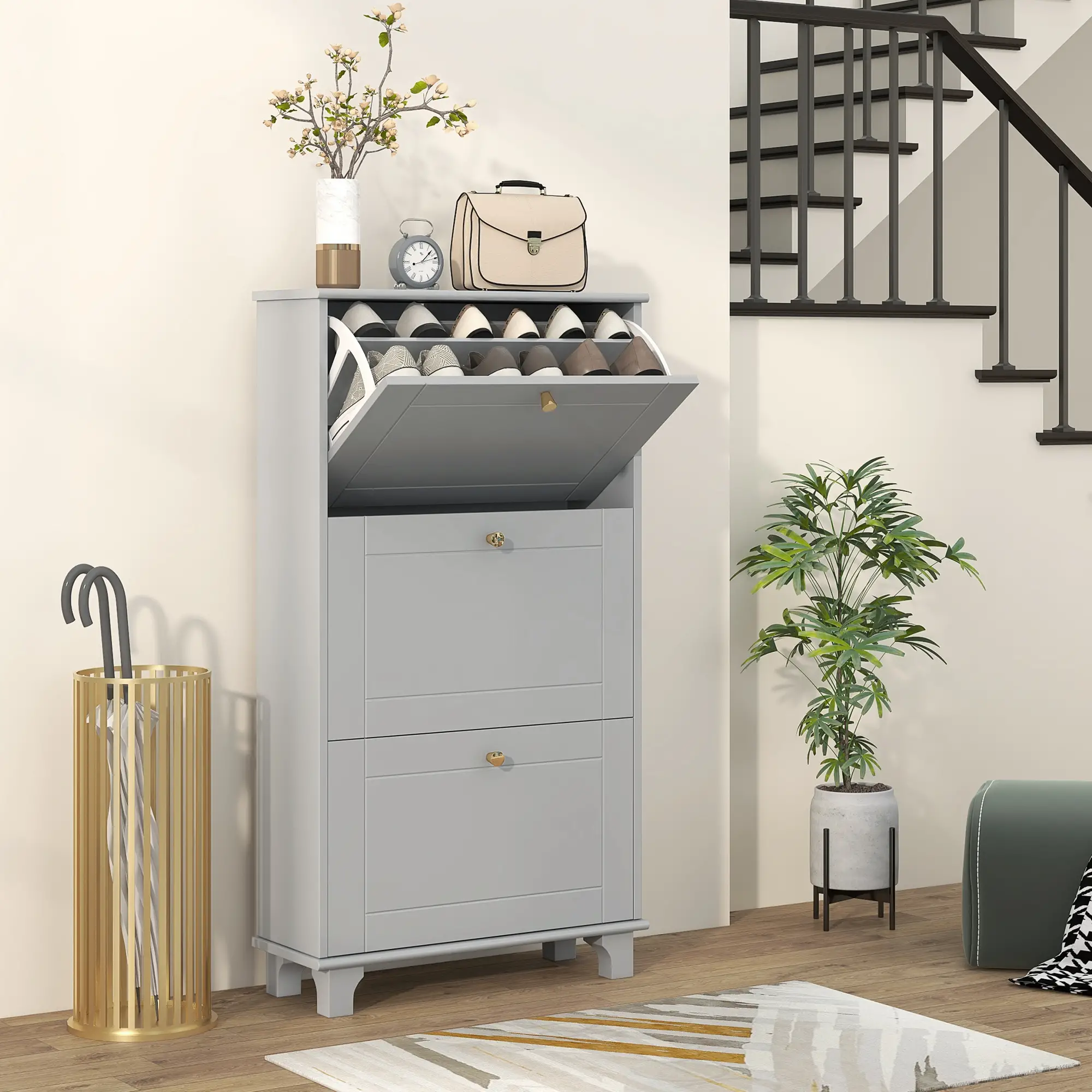 Narrow Shoe Storage, 3 Flip Drawers, Adjustable Shelves, Holds 12 Pairs, Grey - Image 2