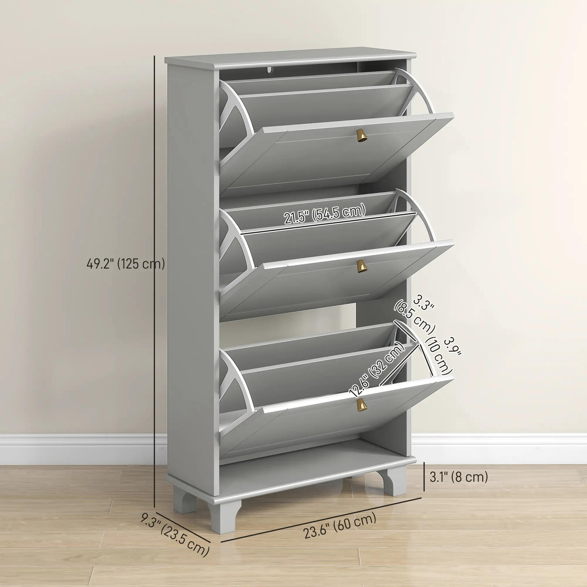 Narrow Shoe Storage, 3 Flip Drawers, Adjustable Shelves, Holds 12 Pairs, Grey - Image 3