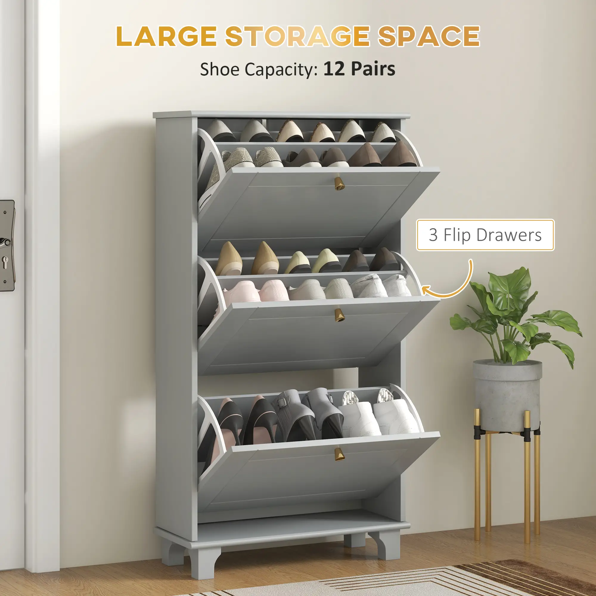 Narrow Shoe Storage, 3 Flip Drawers, Adjustable Shelves, Holds 12 Pairs, Grey - Image 4