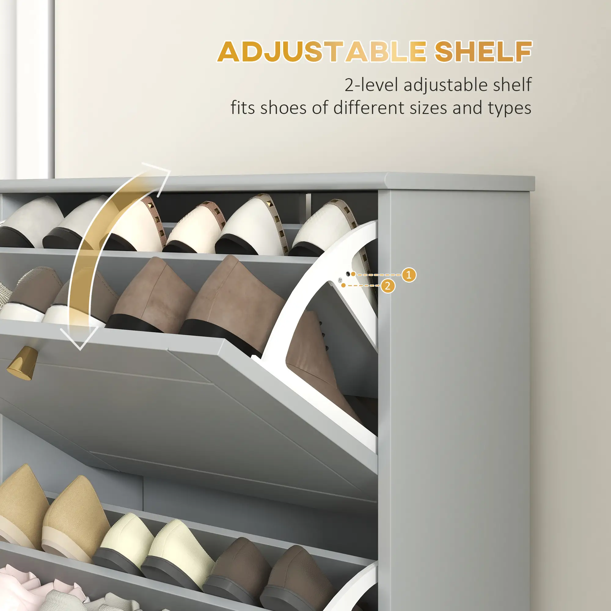 Narrow Shoe Storage, 3 Flip Drawers, Adjustable Shelves, Holds 12 Pairs, Grey - Image 5
