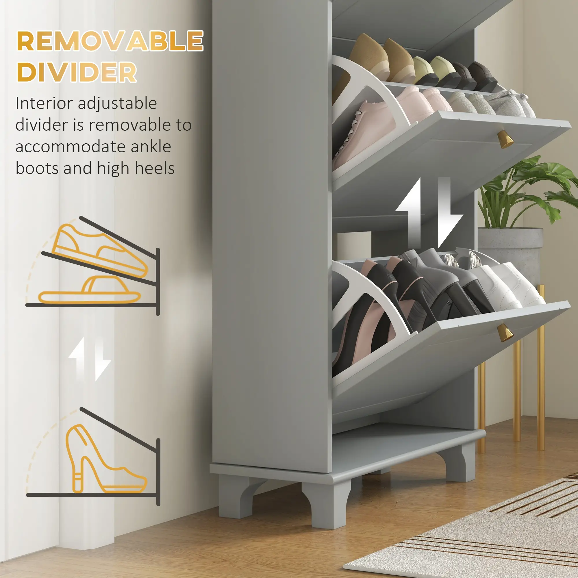 Narrow Shoe Storage, 3 Flip Drawers, Adjustable Shelves, Holds 12 Pairs, Grey - Image 6