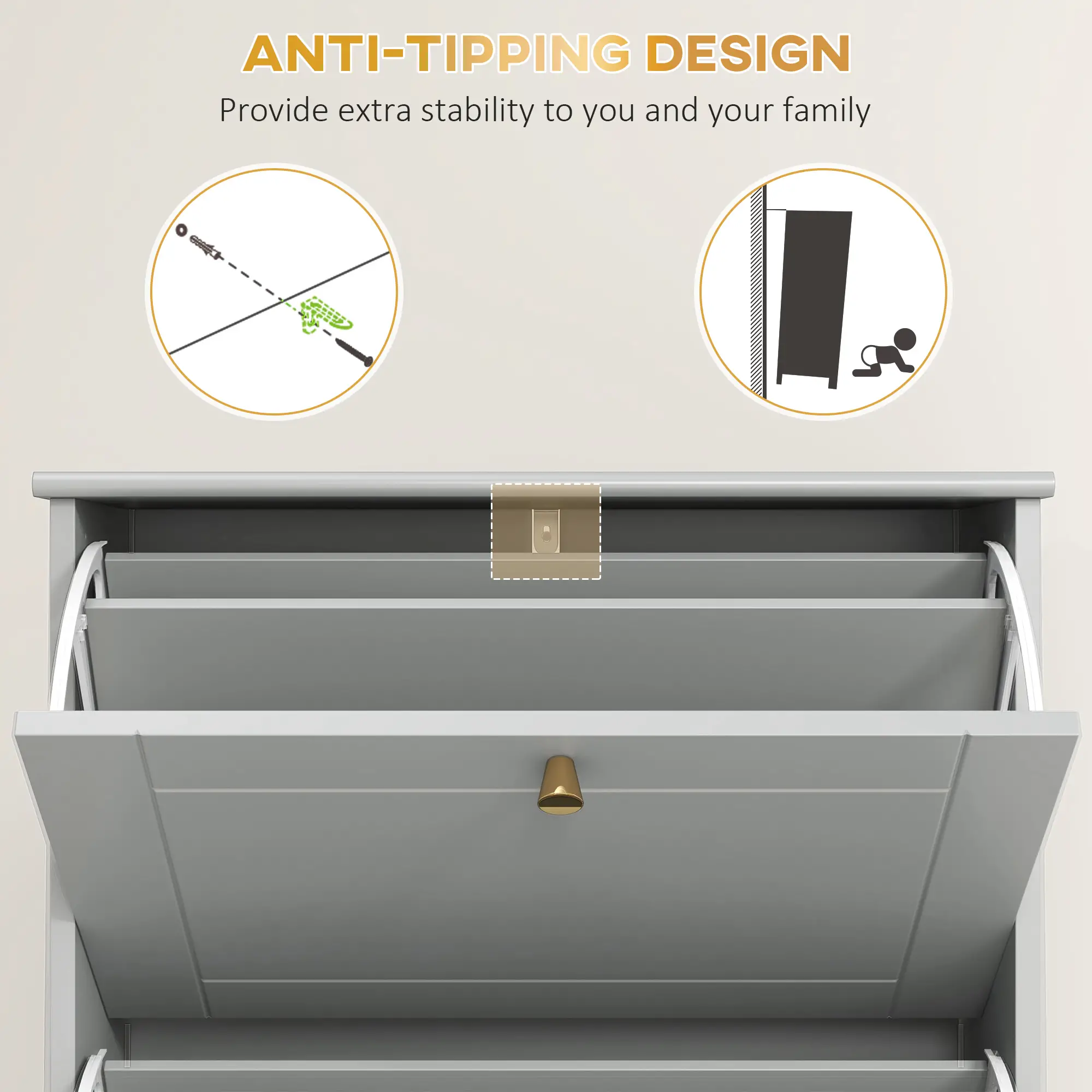 Narrow Shoe Storage, 3 Flip Drawers, Adjustable Shelves, Holds 12 Pairs, Grey - Image 7