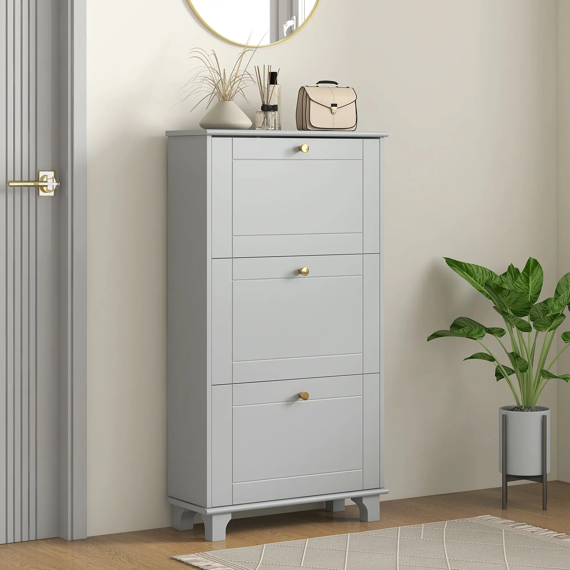 Narrow Shoe Storage, 3 Flip Drawers, Adjustable Shelves, Holds 12 Pairs, Grey - Image 8