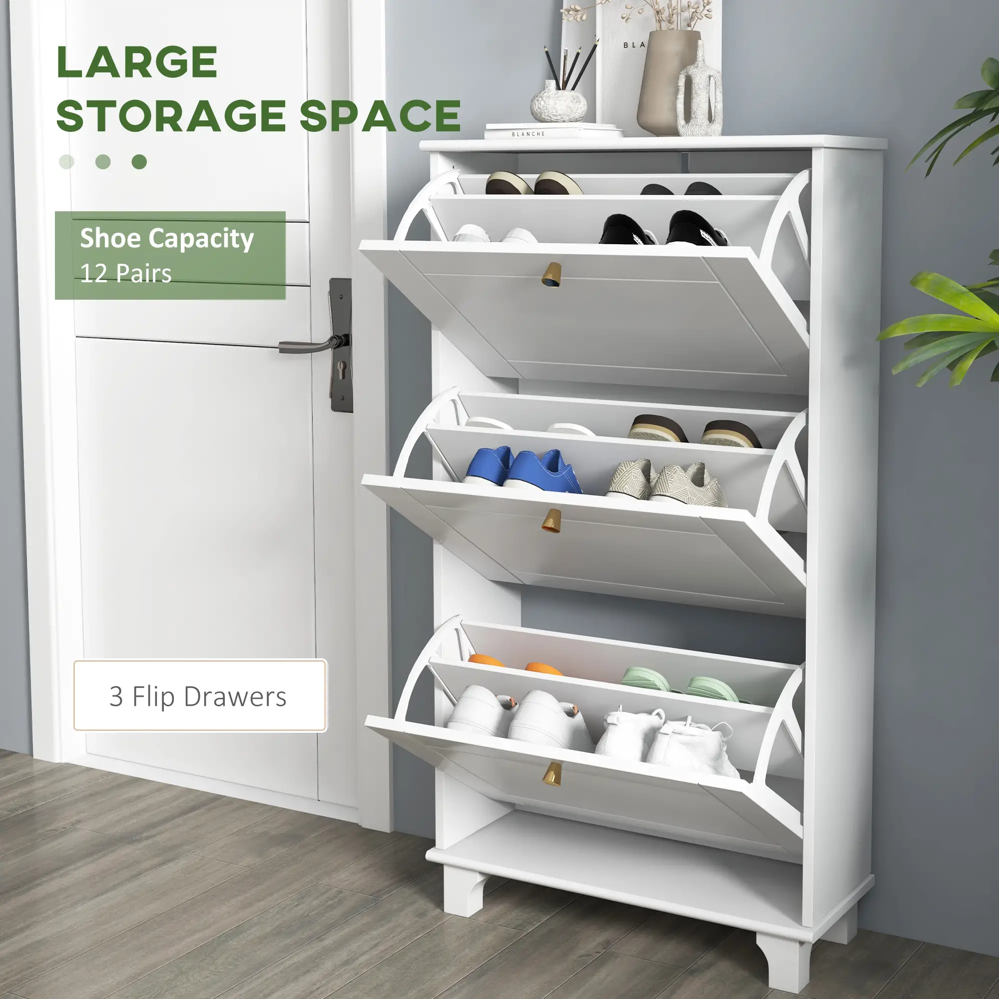 Narrow Shoe Storage, 3 Flip Drawers, Adjustable Shelves, Holds 12 Pairs, White - Image 4