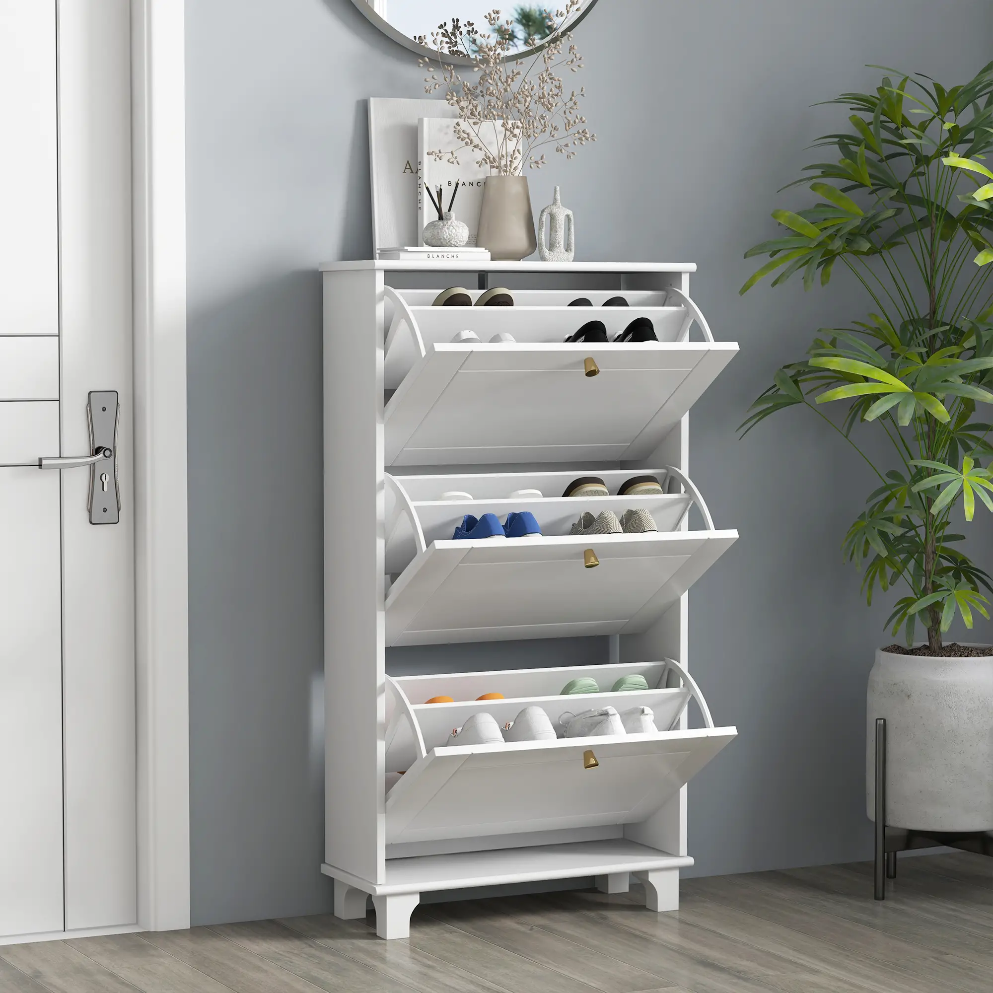 Narrow Shoe Storage, 3 Flip Drawers, Adjustable Shelves, Holds 12 Pairs, White - Image 8