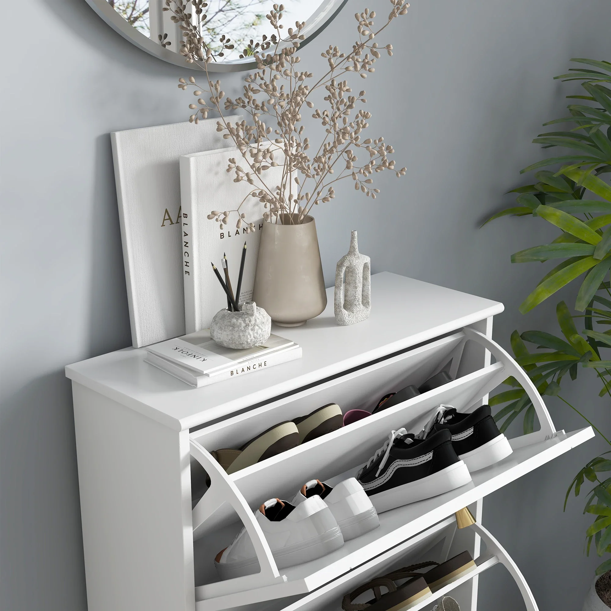 Narrow Shoe Storage, 3 Flip Drawers, Adjustable Shelves, Holds 12 Pairs, White - Image 9
