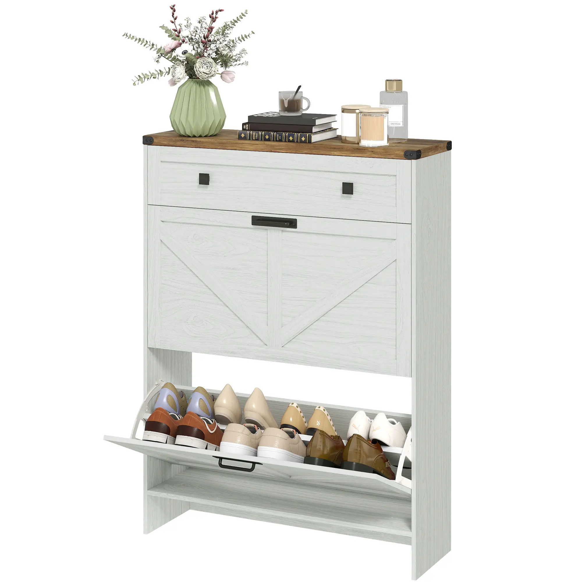 Narrow Shoe Storage Cabinet, 2 Flip Drawers, 1 Drawer, 12 Pairs, White