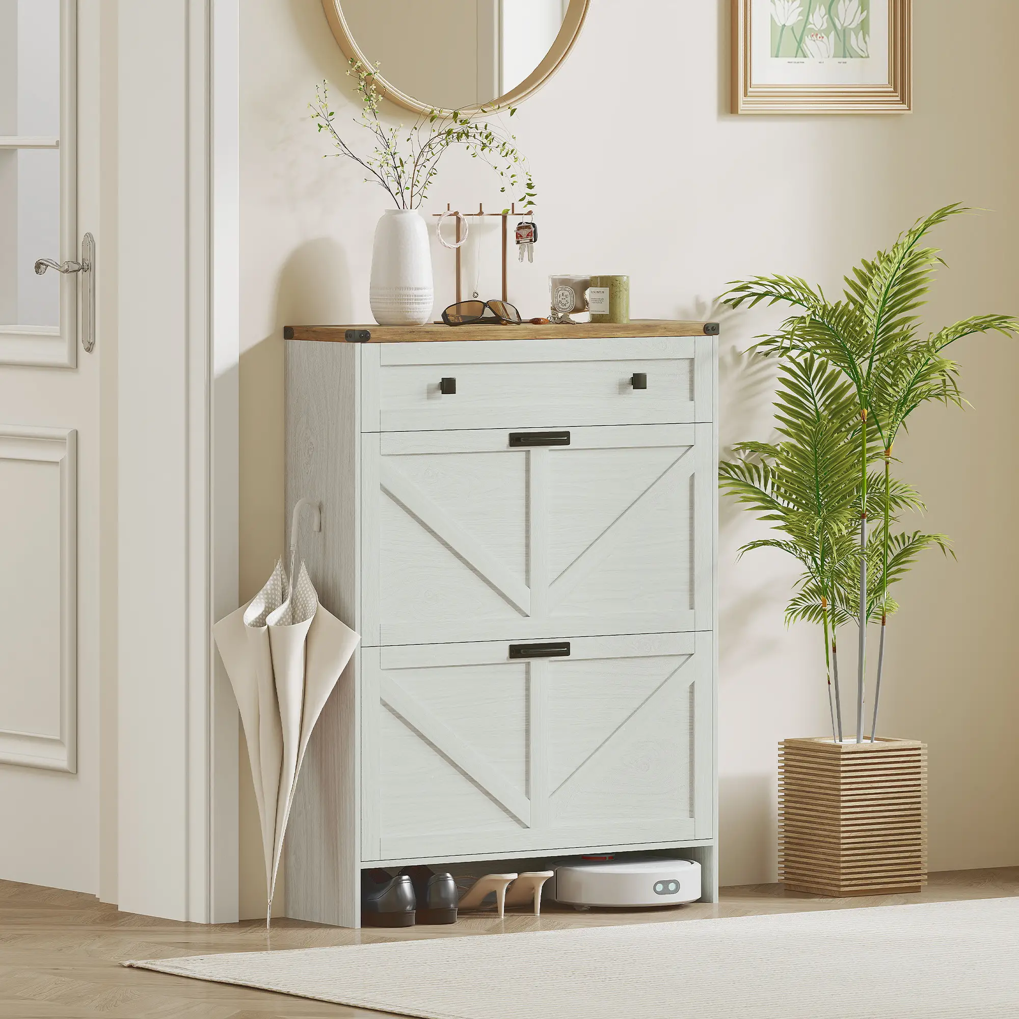 Narrow Shoe Storage Cabinet, 2 Flip Drawers, 1 Drawer, 12 Pairs, White - Image 10