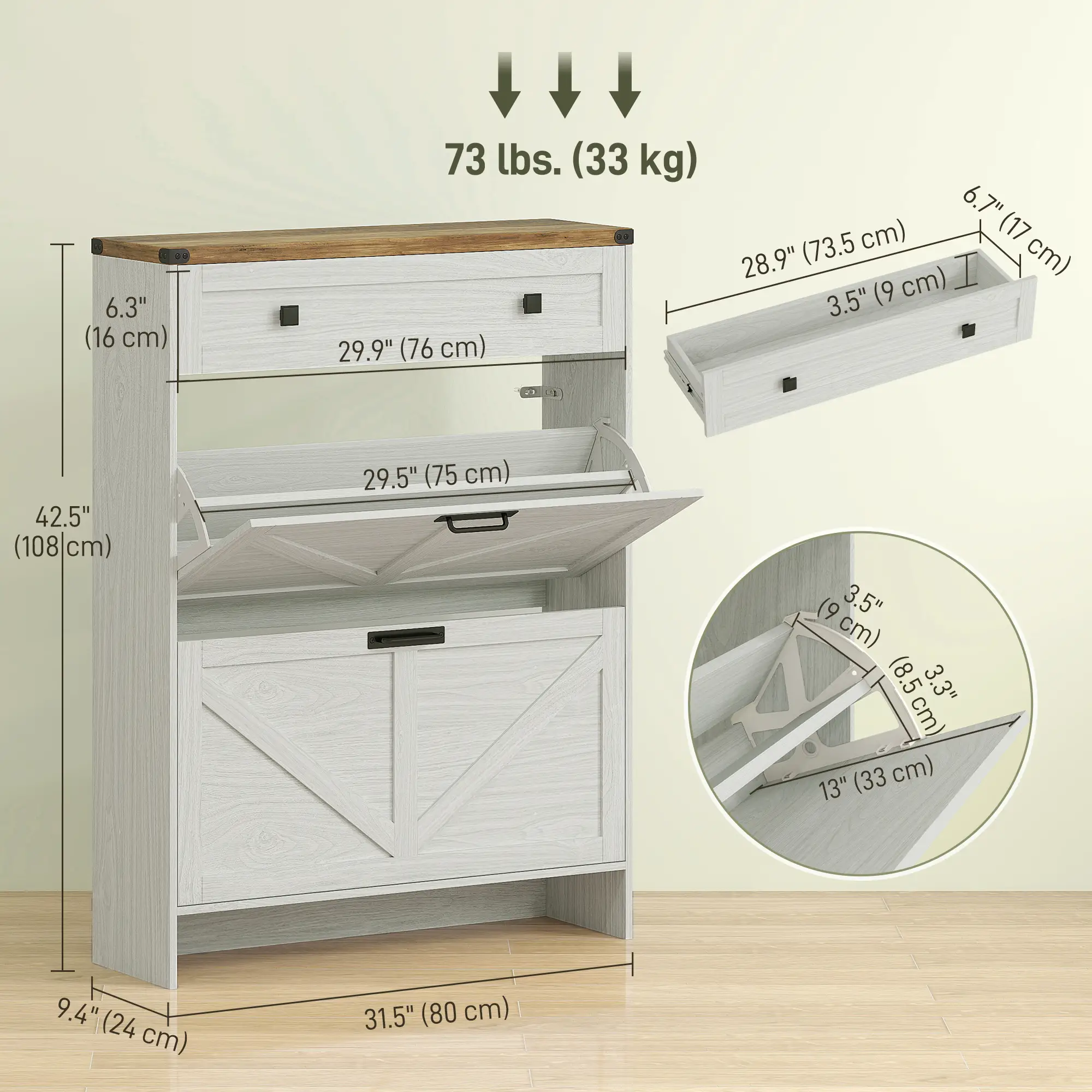 Narrow Shoe Storage Cabinet, 2 Flip Drawers, 1 Drawer, 12 Pairs, White - Image 3