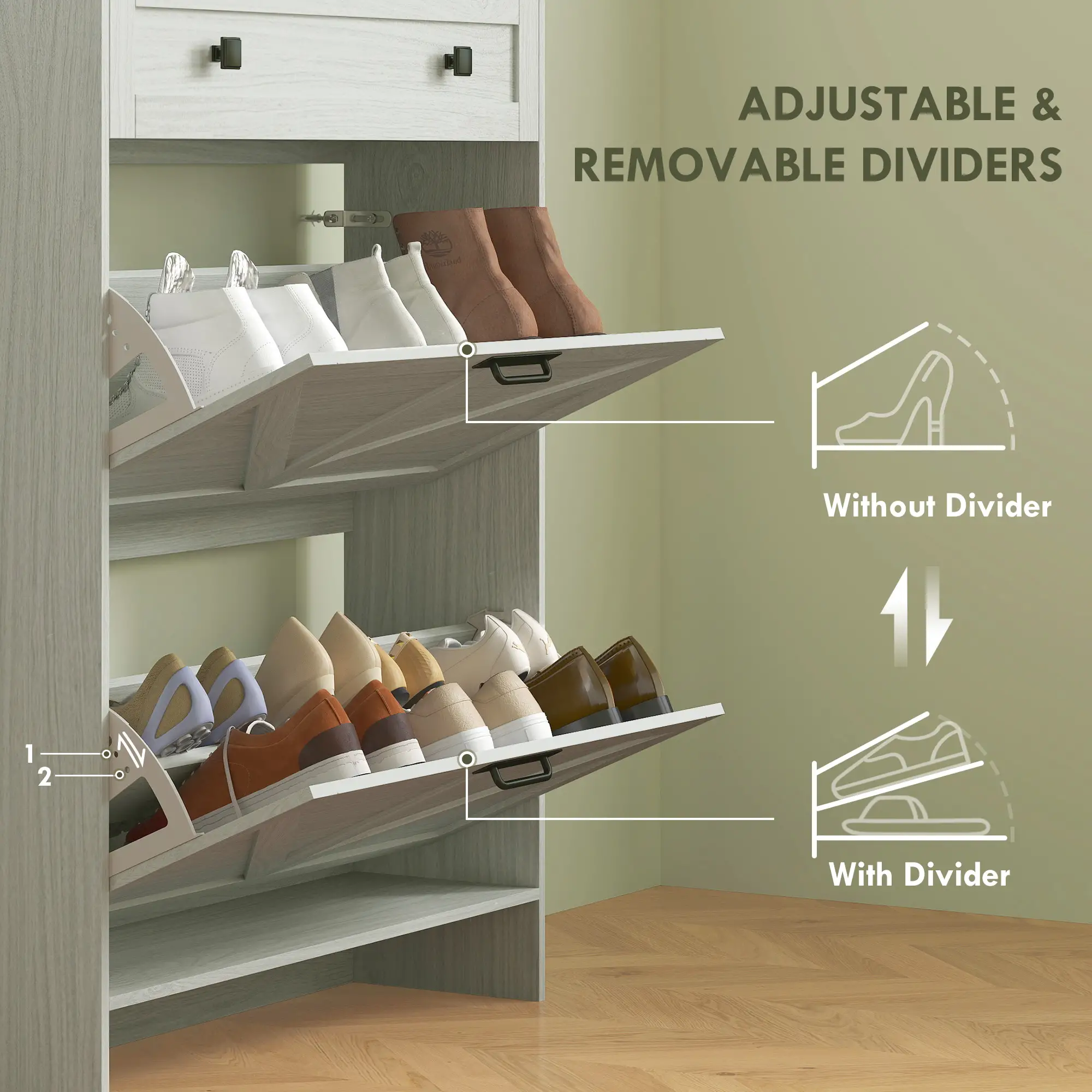 Narrow Shoe Storage Cabinet, 2 Flip Drawers, 1 Drawer, 12 Pairs, White - Image 5