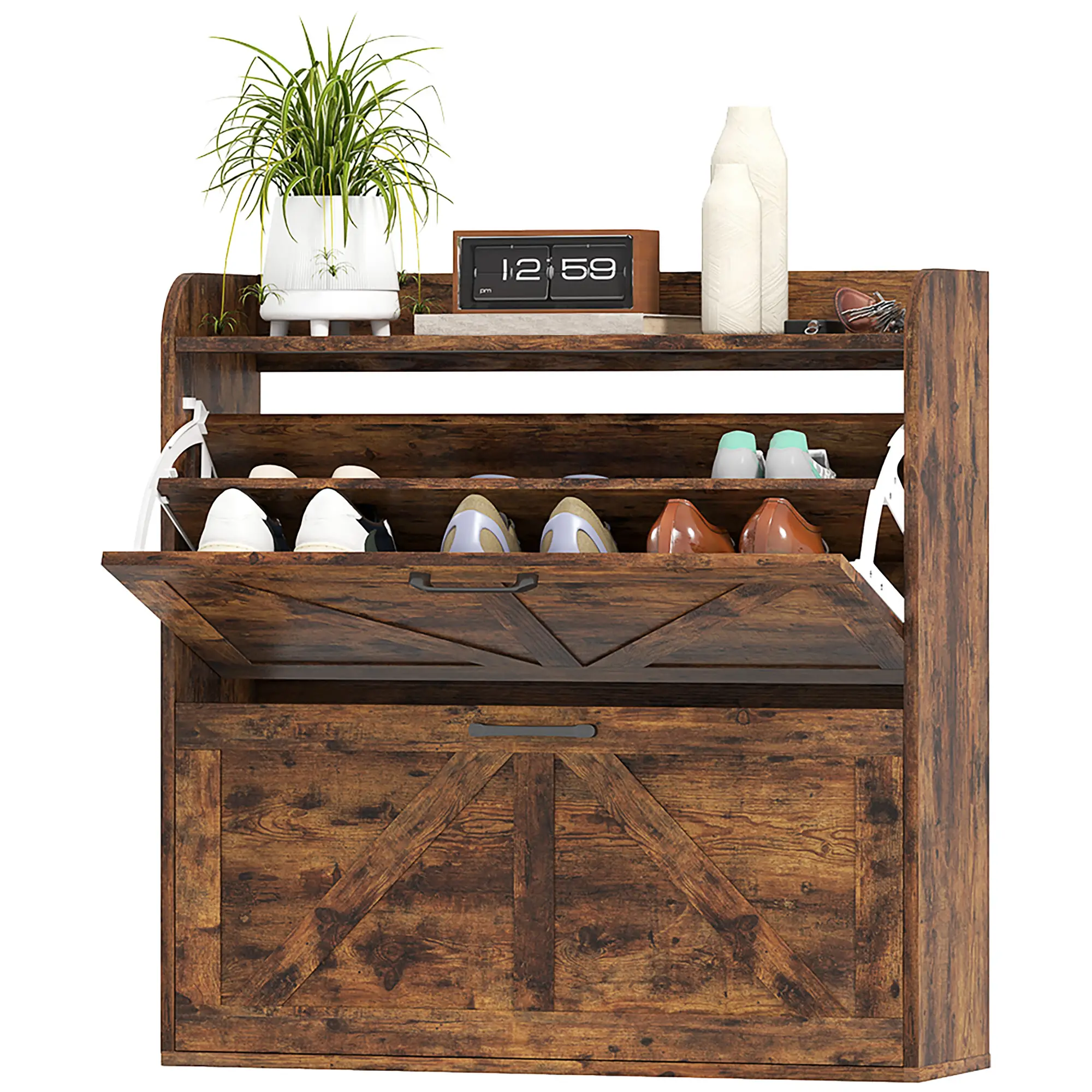 Narrow Shoe Storage Cabinet, 2 Flip Drawers, Adjustable Shelves, Rustic Brown