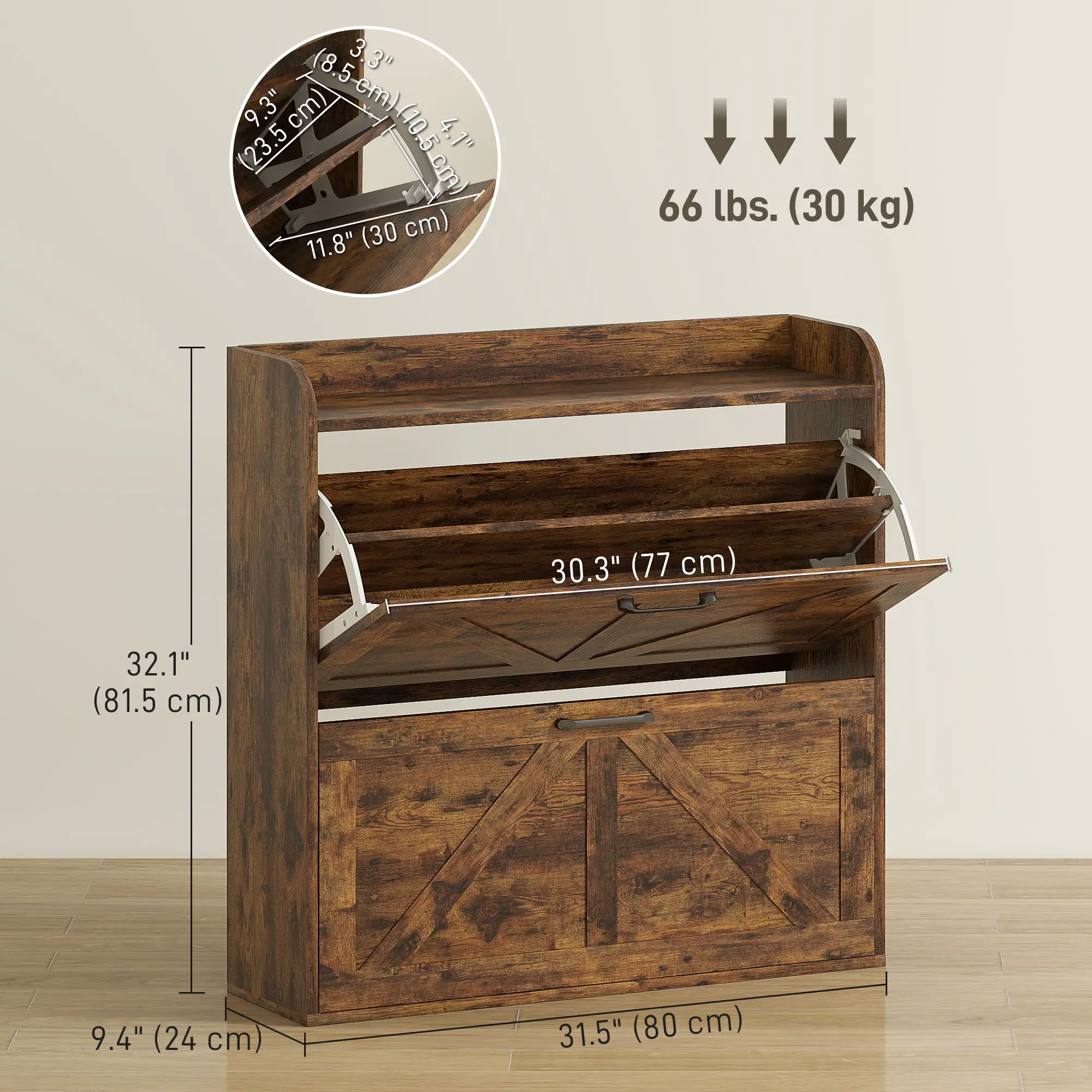 Narrow Shoe Storage Cabinet, 2 Flip Drawers, Adjustable Shelves, Rustic Brown - Image 3