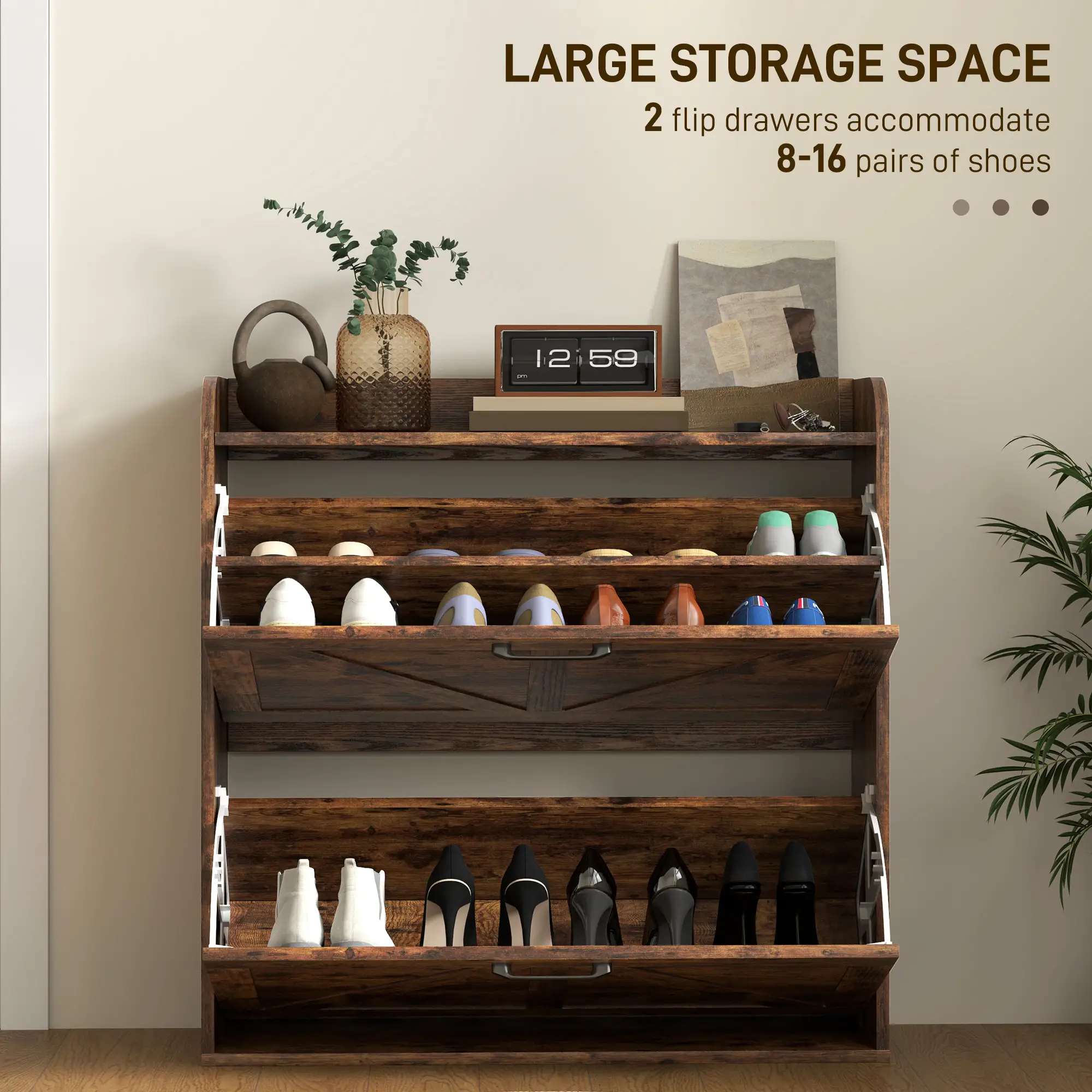 Narrow Shoe Storage Cabinet, 2 Flip Drawers, Adjustable Shelves, Rustic Brown - Image 4