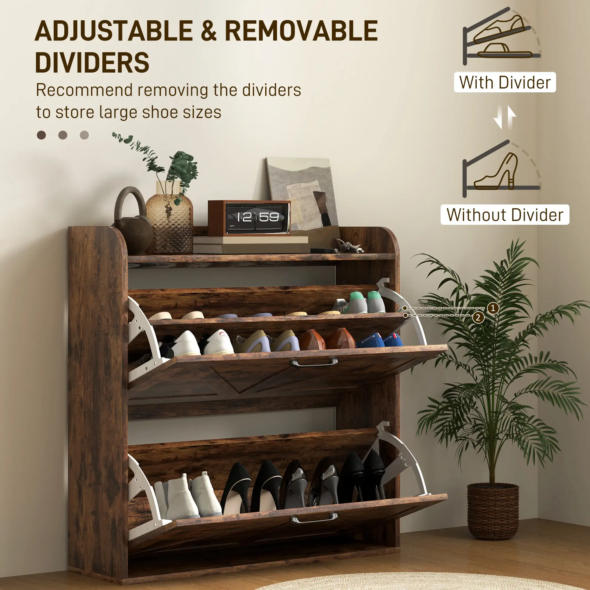 Narrow Shoe Storage Cabinet, 2 Flip Drawers, Adjustable Shelves, Rustic Brown - Image 5