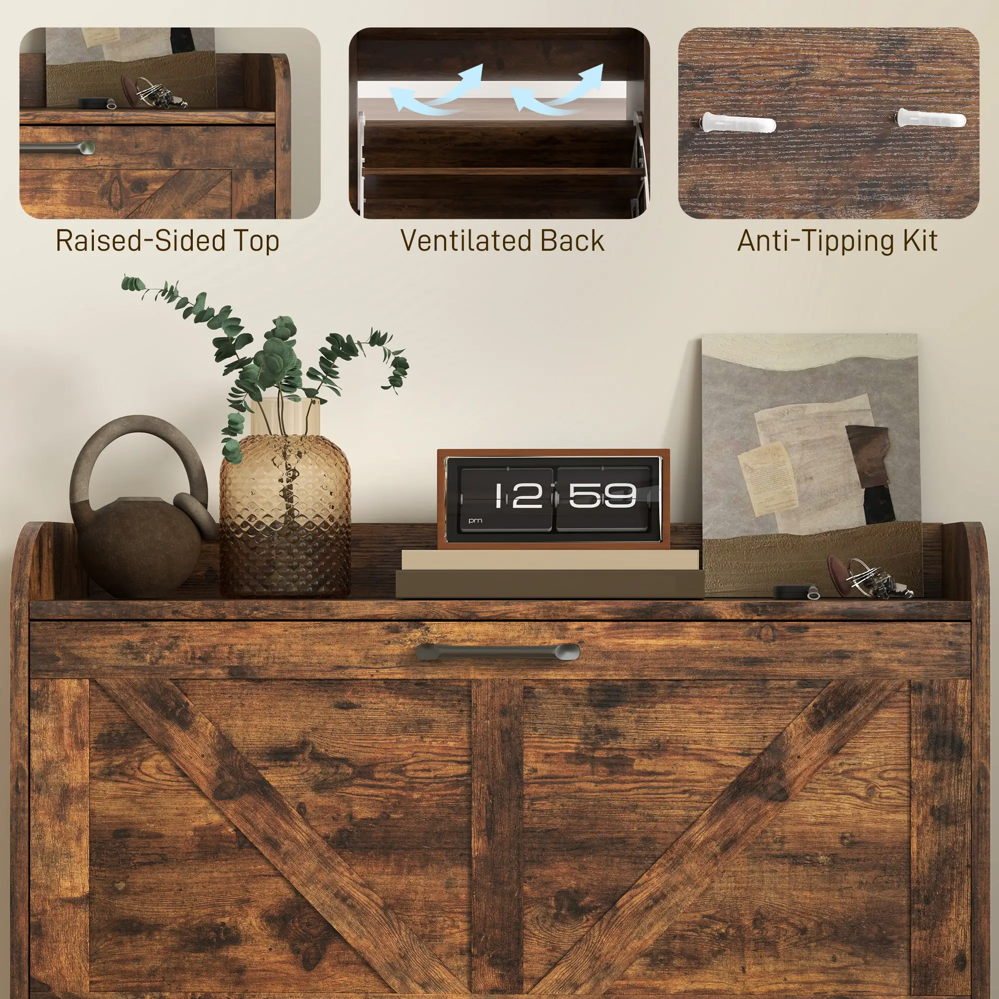 Narrow Shoe Storage Cabinet, 2 Flip Drawers, Adjustable Shelves, Rustic Brown - Image 7