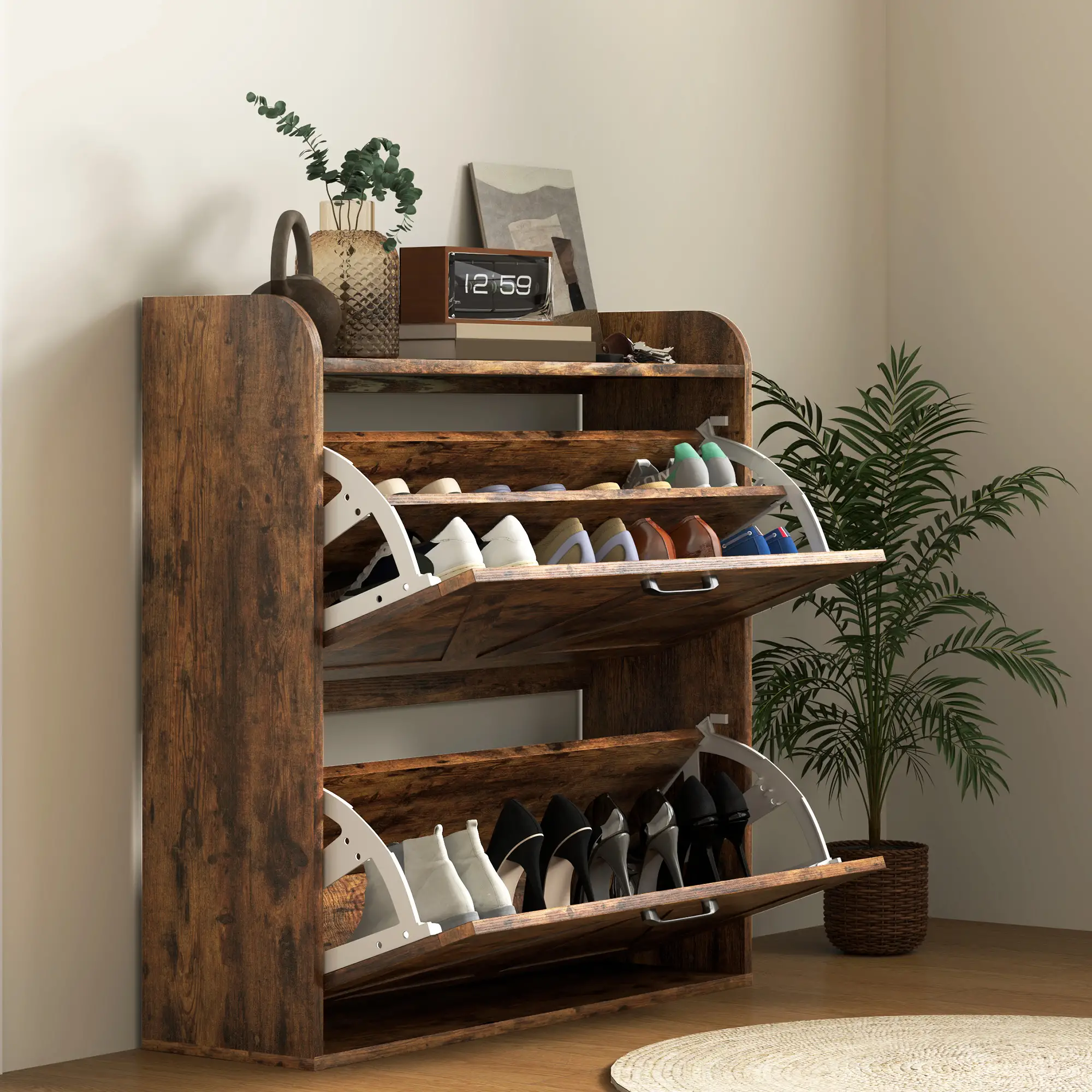 Narrow Shoe Storage Cabinet, 2 Flip Drawers, Adjustable Shelves, Rustic Brown - Image 9