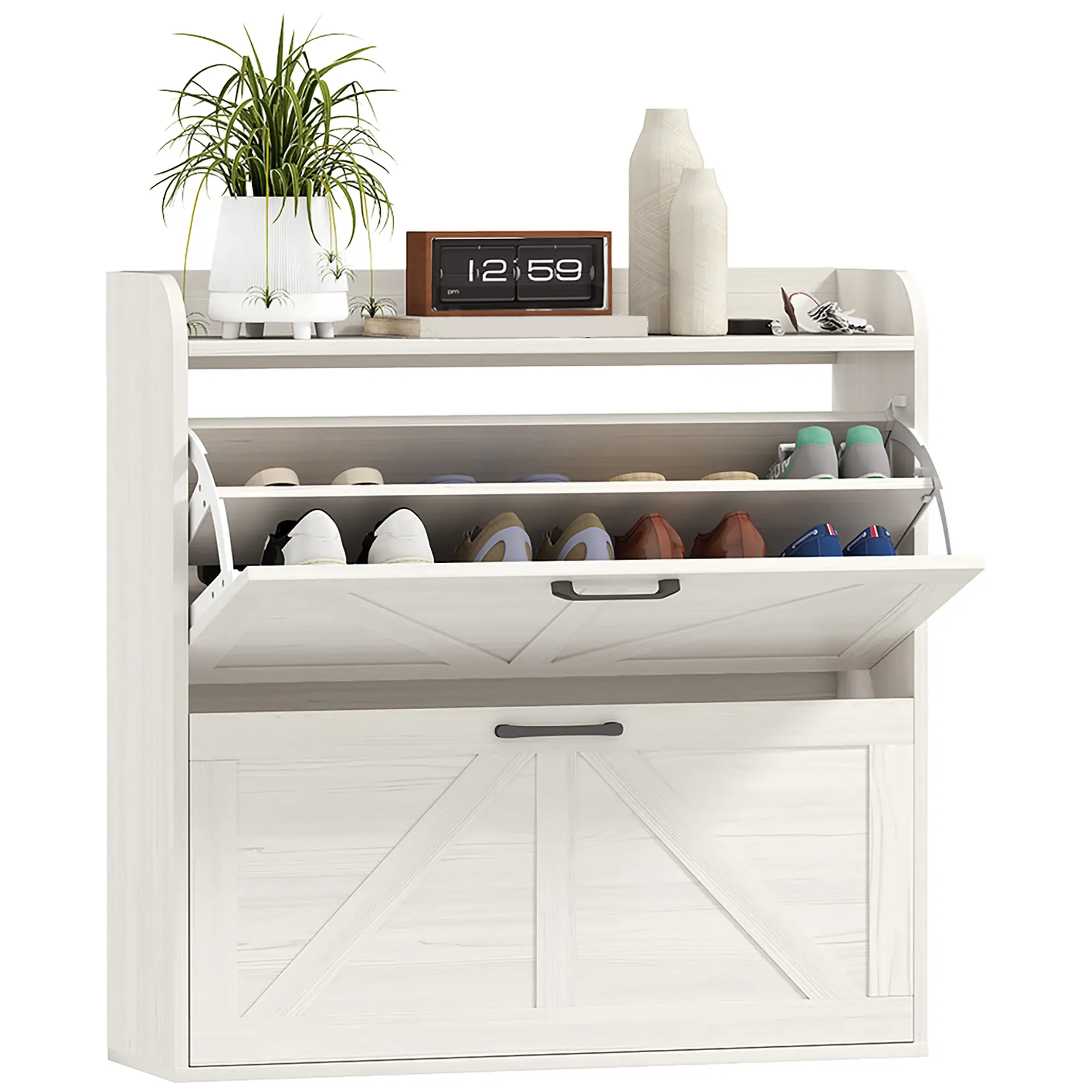 Narrow Shoe Storage Cabinet, 2 Flip Drawers, Adjustable Shelves, White Oak - Image 11