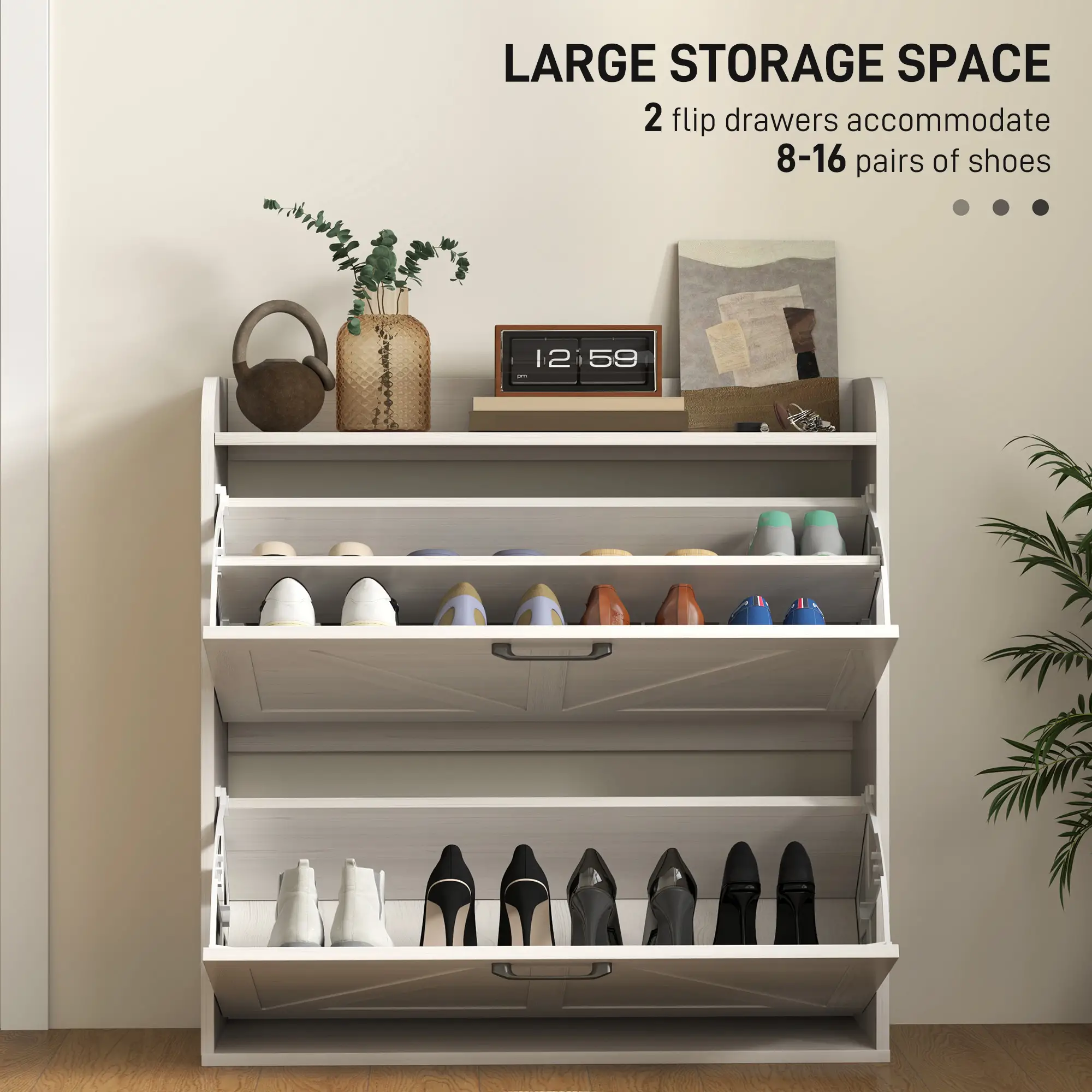 Narrow Shoe Storage Cabinet, 2 Flip Drawers, Adjustable Shelves, White Oak - Image 4