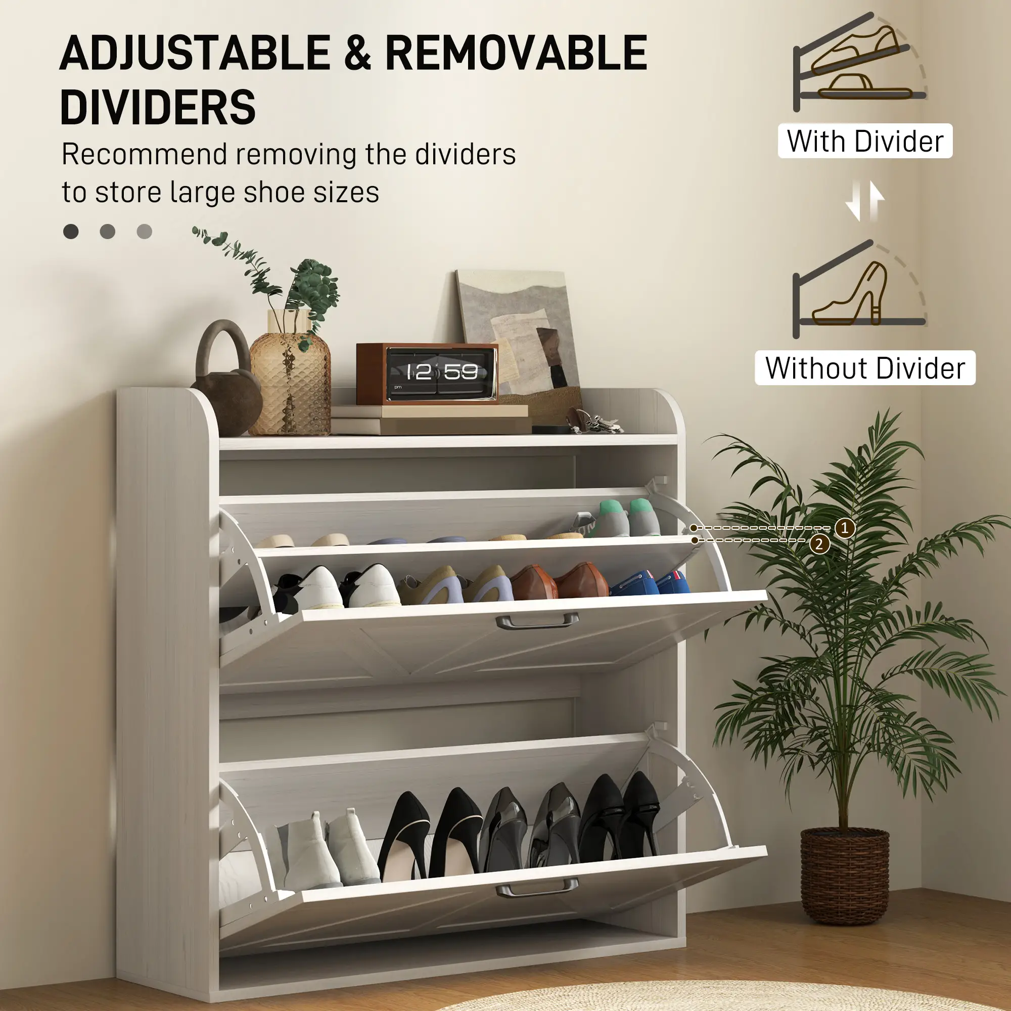 Narrow Shoe Storage Cabinet, 2 Flip Drawers, Adjustable Shelves, White Oak - Image 5