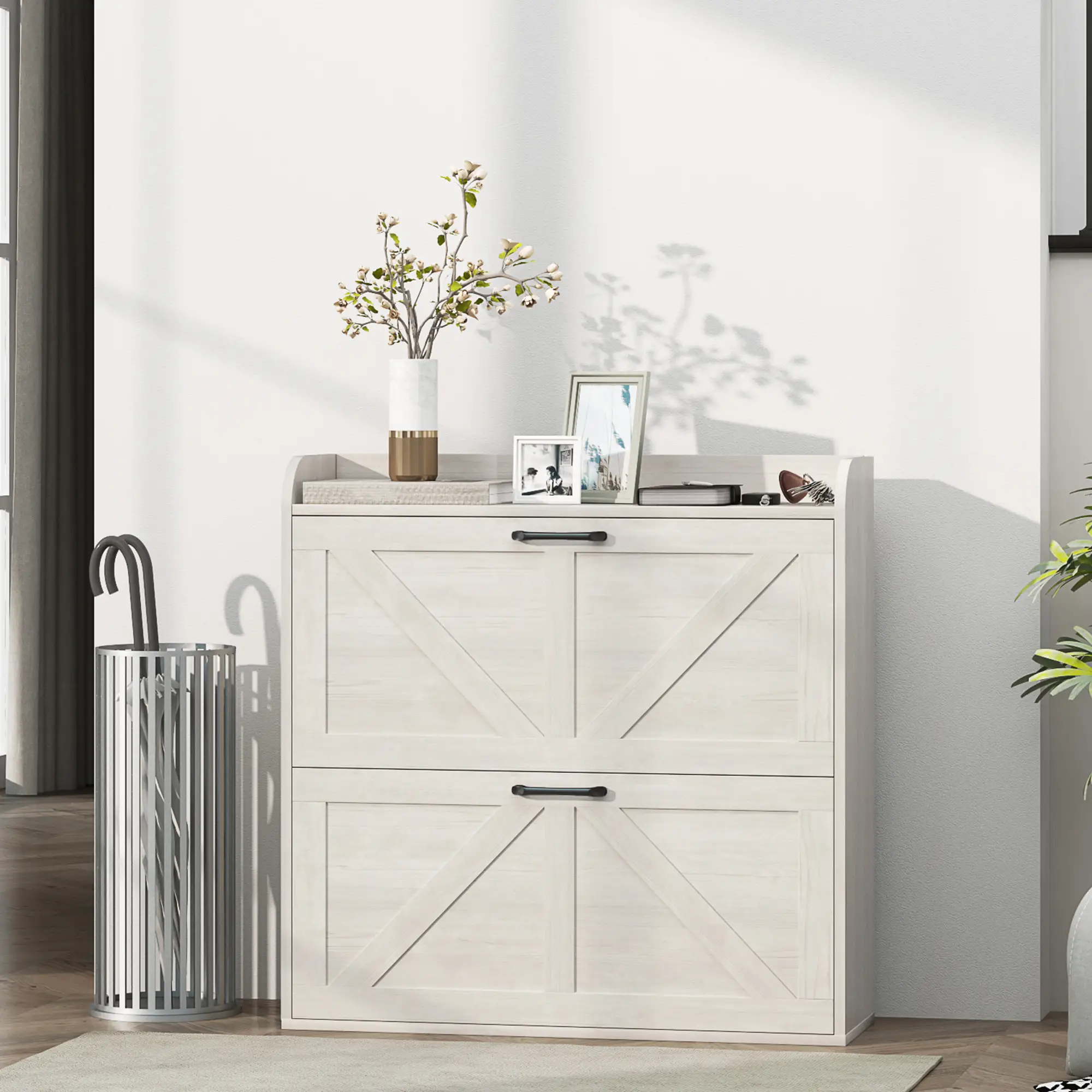 Narrow Shoe Storage Cabinet, 2 Flip Drawers, Adjustable Shelves, White Oak - Image 8