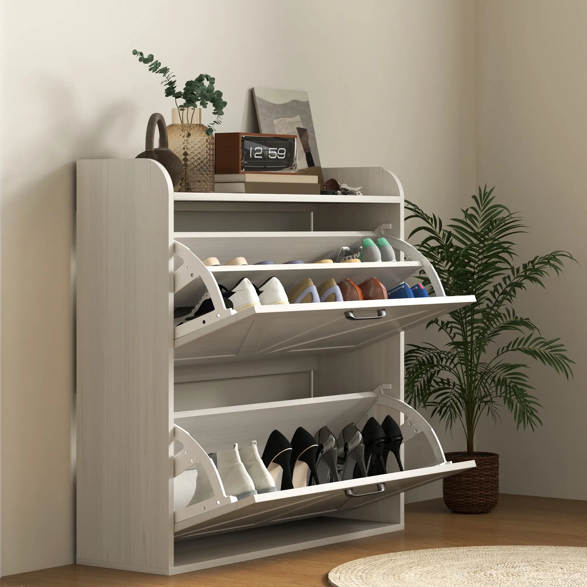 Narrow Shoe Storage Cabinet, 2 Flip Drawers, Adjustable Shelves, White Oak - Image 9