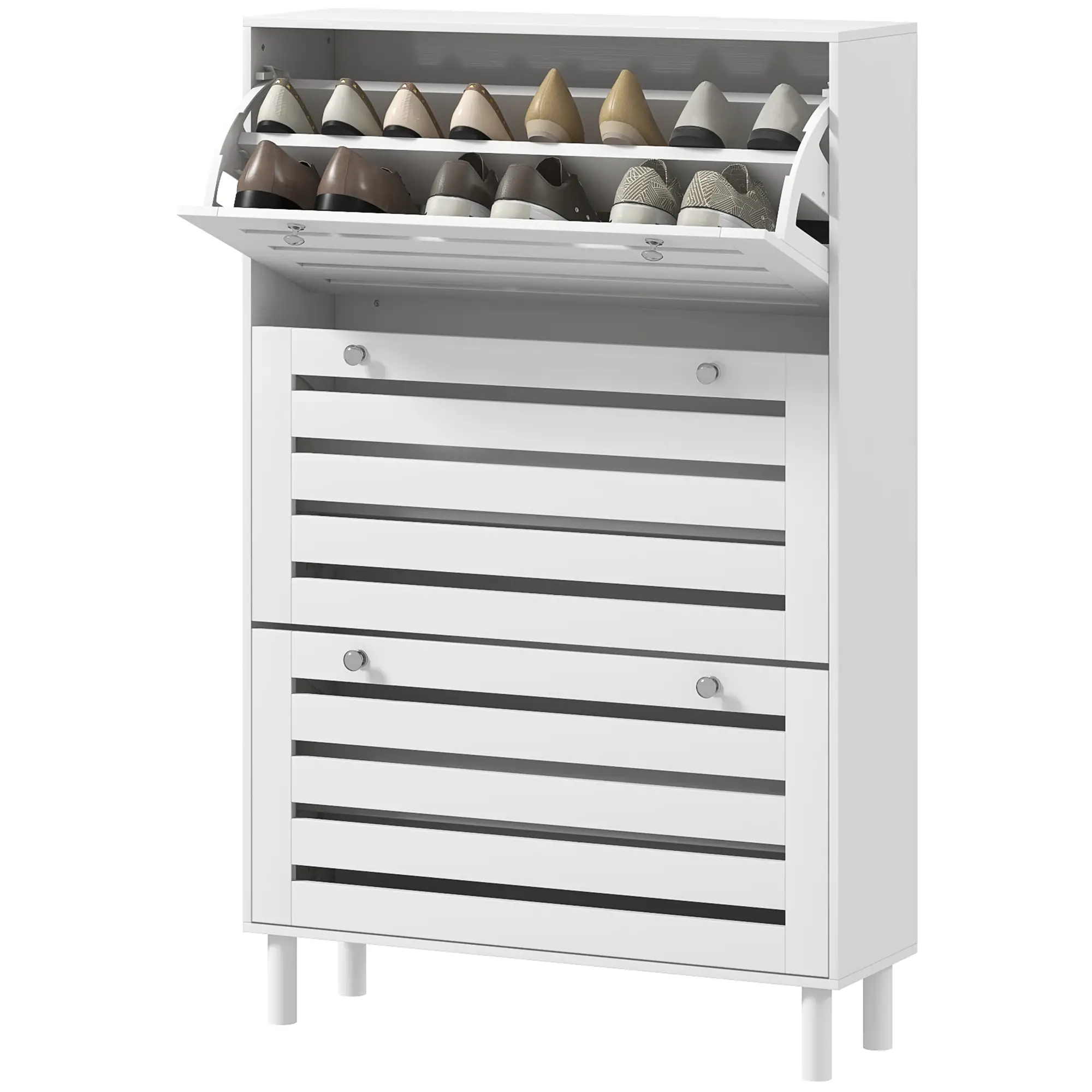 Narrow Shoe Storage Cabinet, 3 Flip Drawers, Adjustable Shelves, 24 Pairs, White