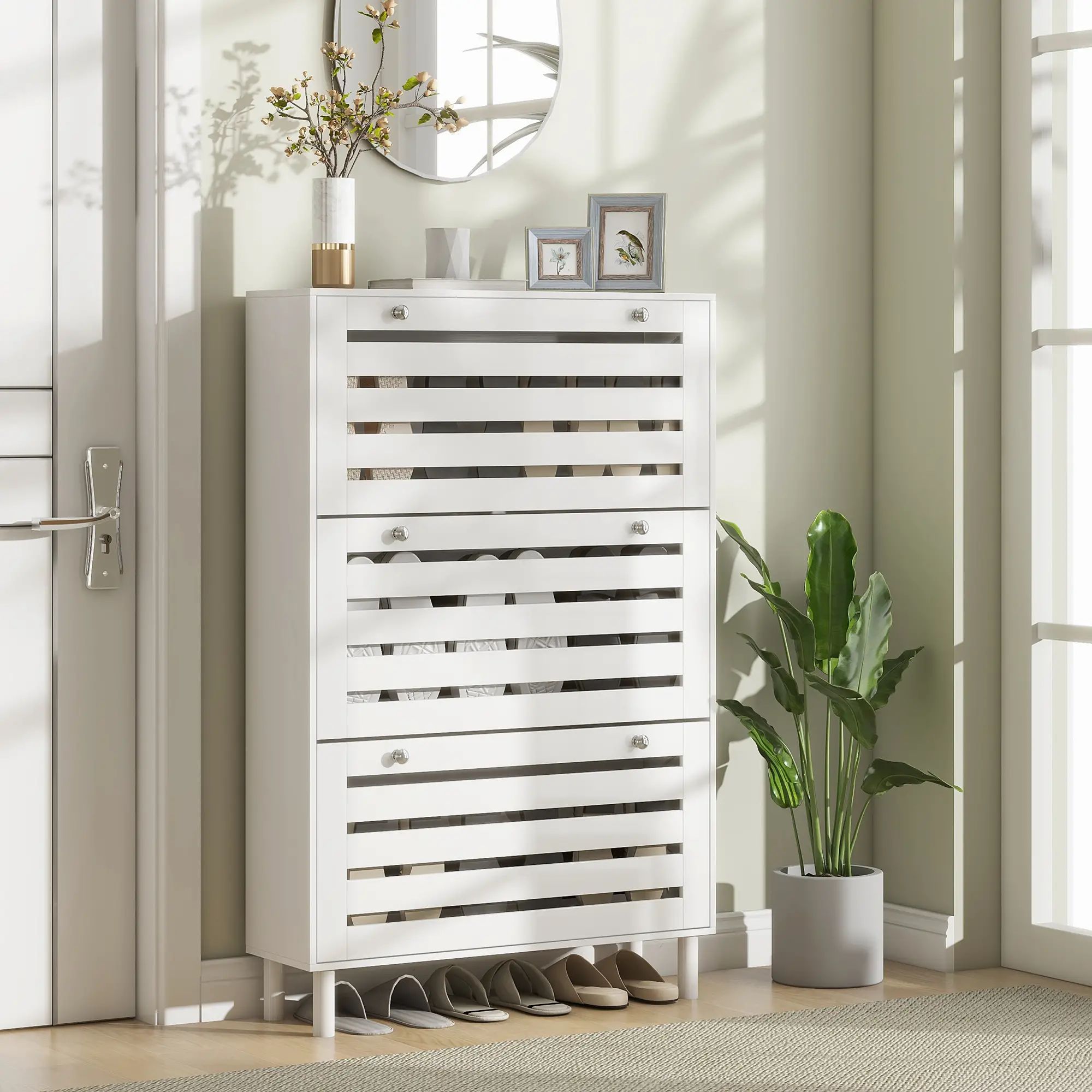 Narrow Shoe Storage Cabinet, 3 Flip Drawers, Adjustable Shelves, 24 Pairs, White - Image 2