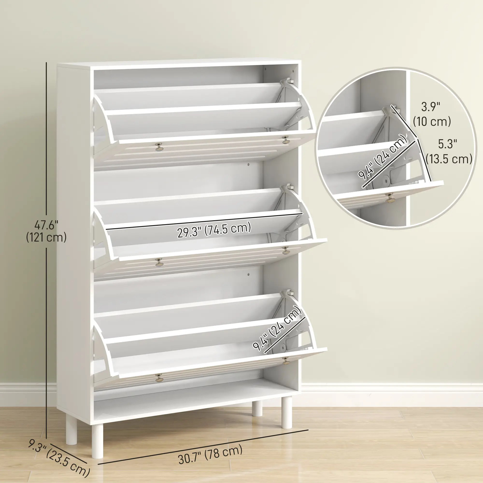 Narrow Shoe Storage Cabinet, 3 Flip Drawers, Adjustable Shelves, 24 Pairs, White - Image 3