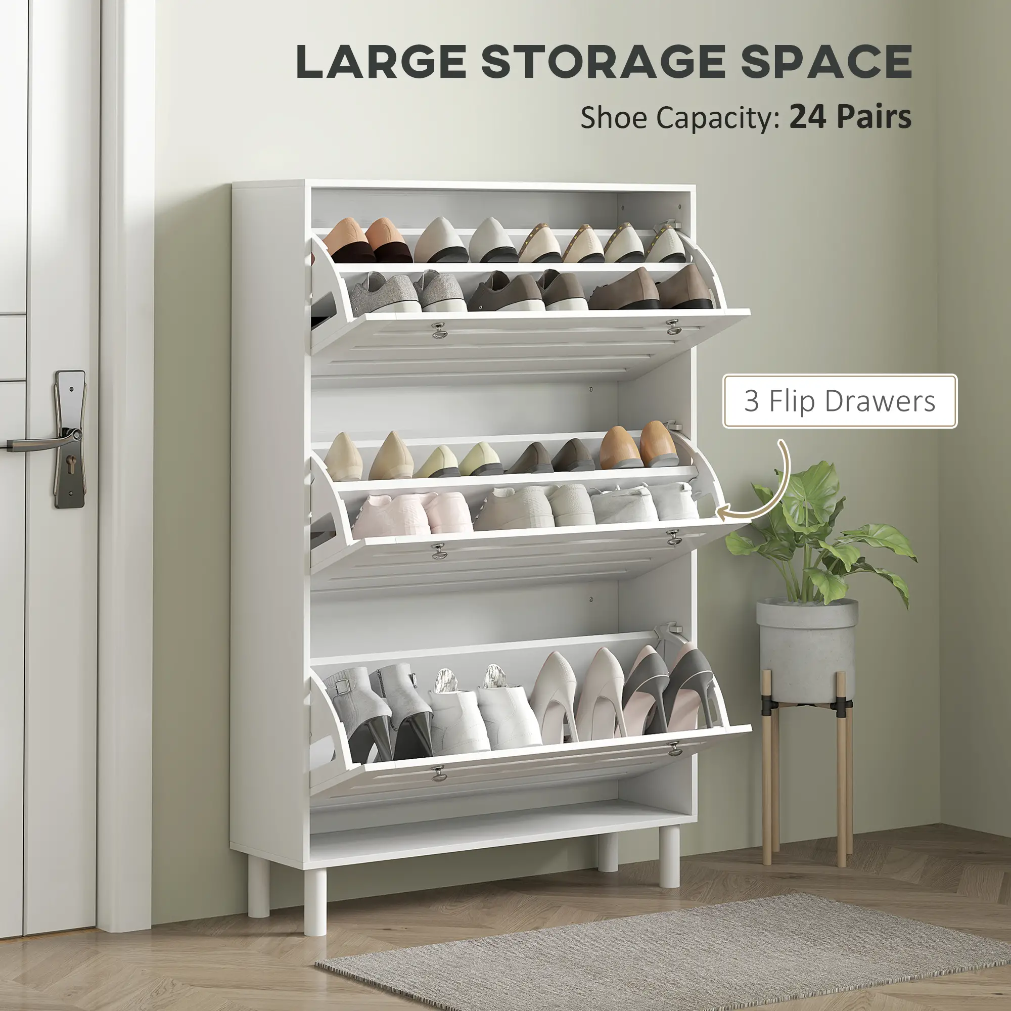 Narrow Shoe Storage Cabinet, 3 Flip Drawers, Adjustable Shelves, 24 Pairs, White - Image 4