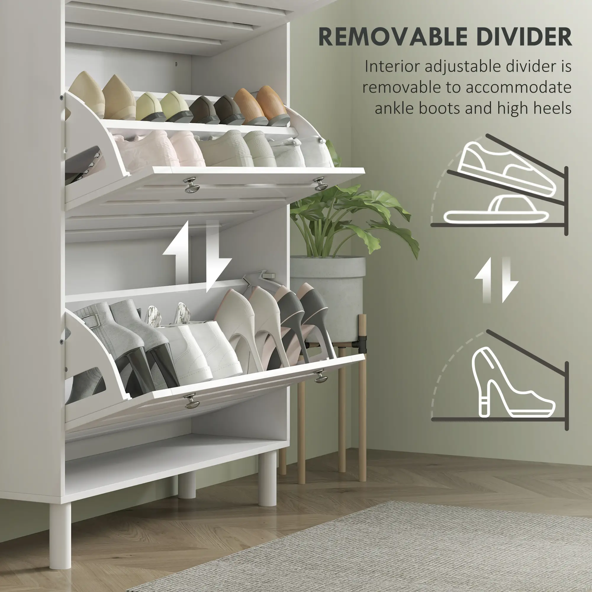 Narrow Shoe Storage Cabinet, 3 Flip Drawers, Adjustable Shelves, 24 Pairs, White - Image 6