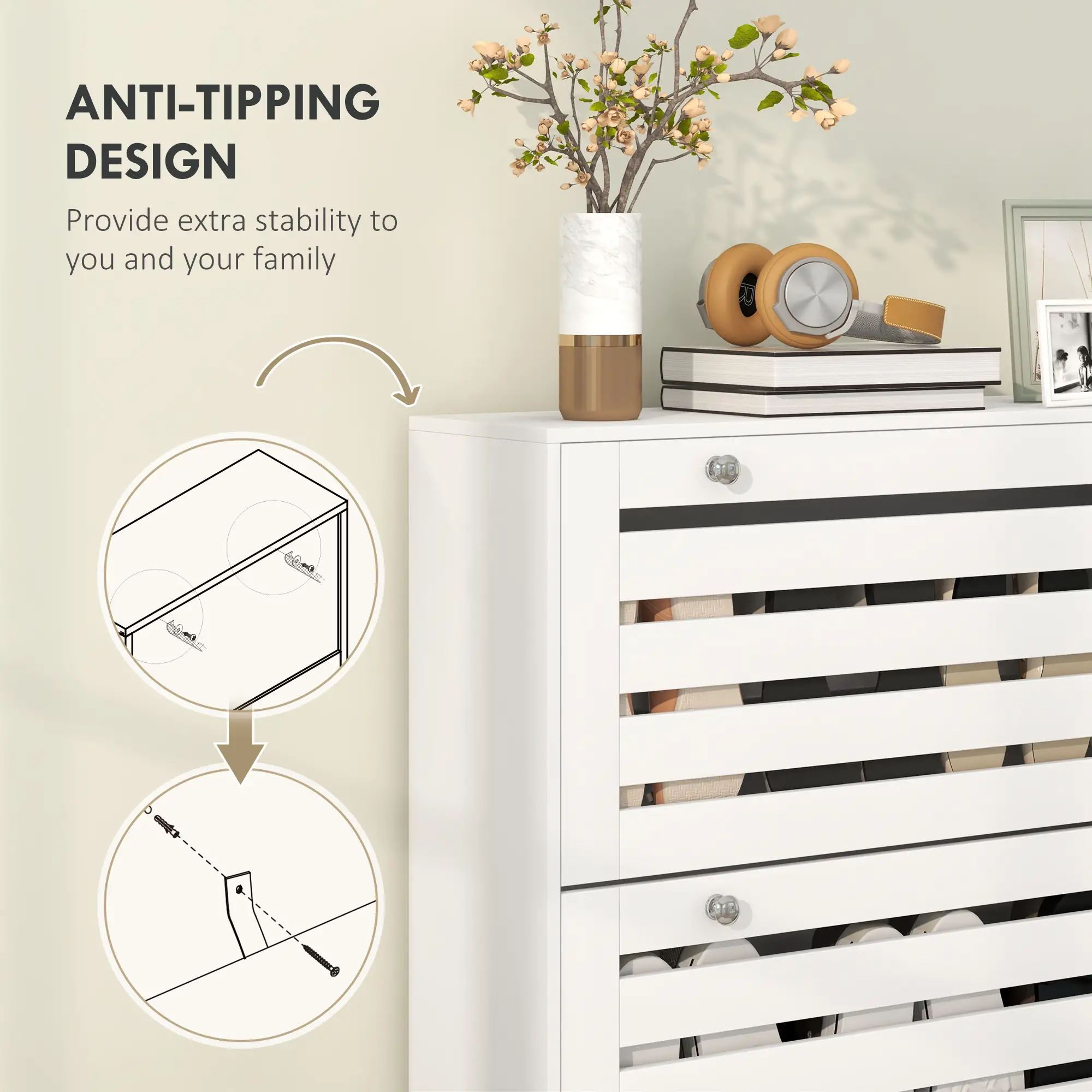 Narrow Shoe Storage Cabinet, 3 Flip Drawers, Adjustable Shelves, 24 Pairs, White - Image 7