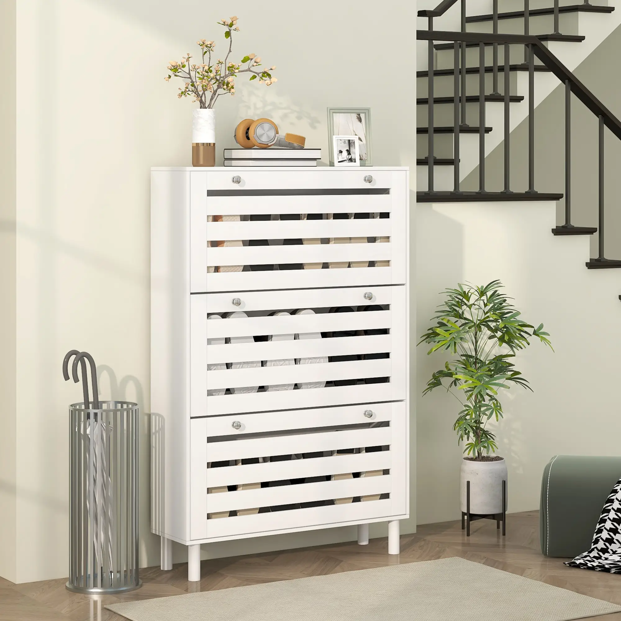 Narrow Shoe Storage Cabinet, 3 Flip Drawers, Adjustable Shelves, 24 Pairs, White - Image 8