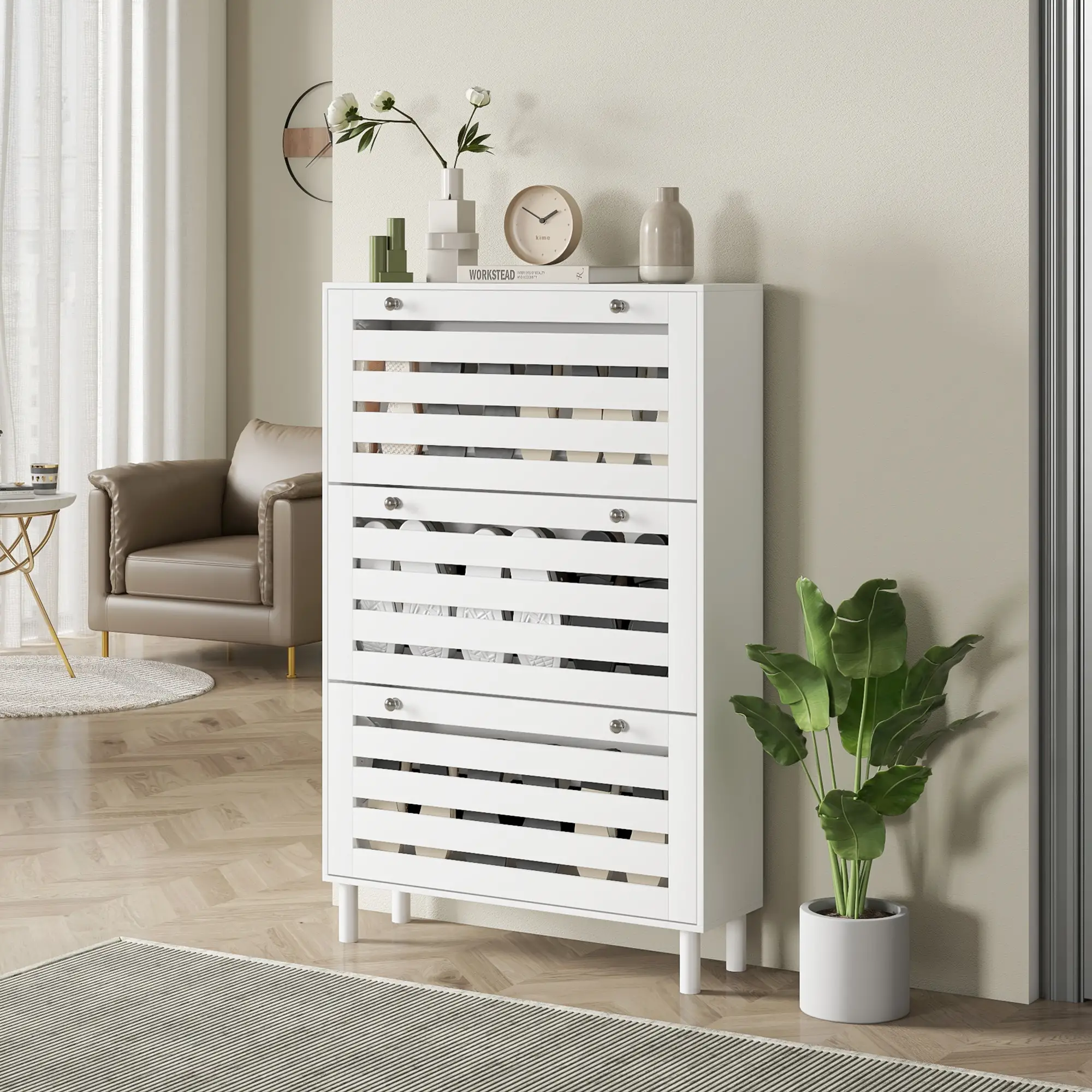 Narrow Shoe Storage Cabinet, 3 Flip Drawers, Adjustable Shelves, 24 Pairs, White - Image 9