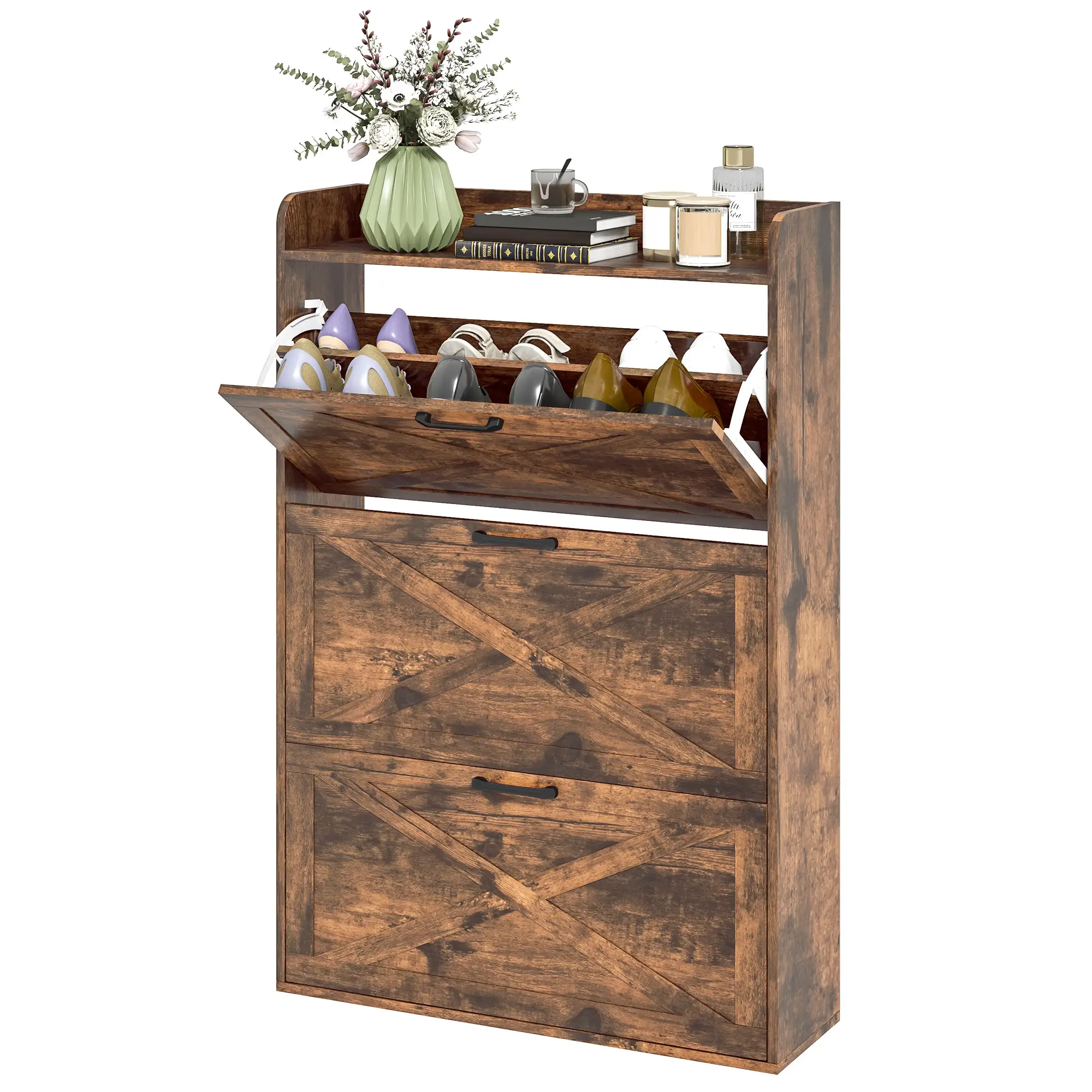 Narrow Shoe Storage Cabinet, 3 Flip Drawers, Adjustable Shelves, Rustic Brown