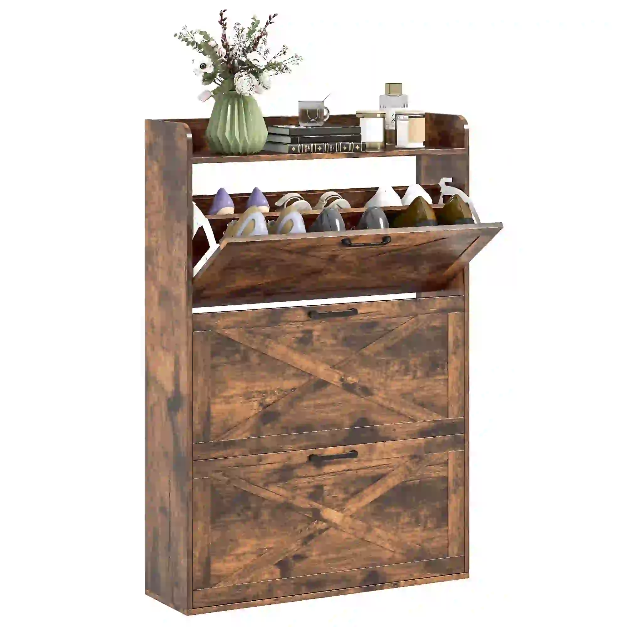 Narrow Shoe Storage Cabinet, 3 Flip Drawers, Adjustable Shelves, Rustic Brown - Image 11
