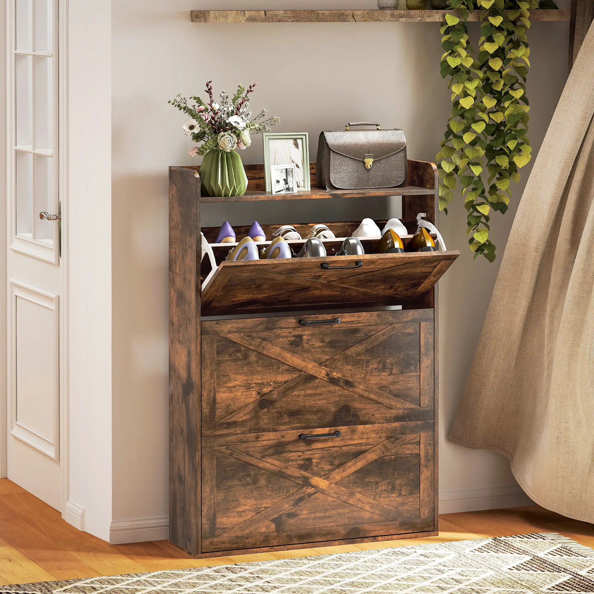 Narrow Shoe Storage Cabinet, 3 Flip Drawers, Adjustable Shelves, Rustic Brown - Image 2