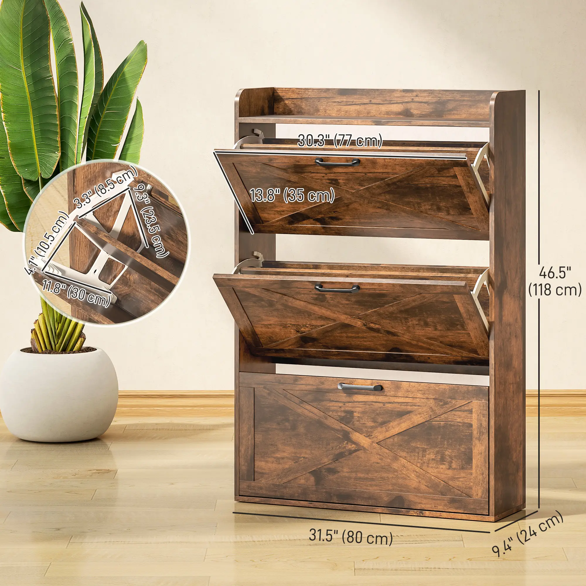 Narrow Shoe Storage Cabinet, 3 Flip Drawers, Adjustable Shelves, Rustic Brown - Image 3