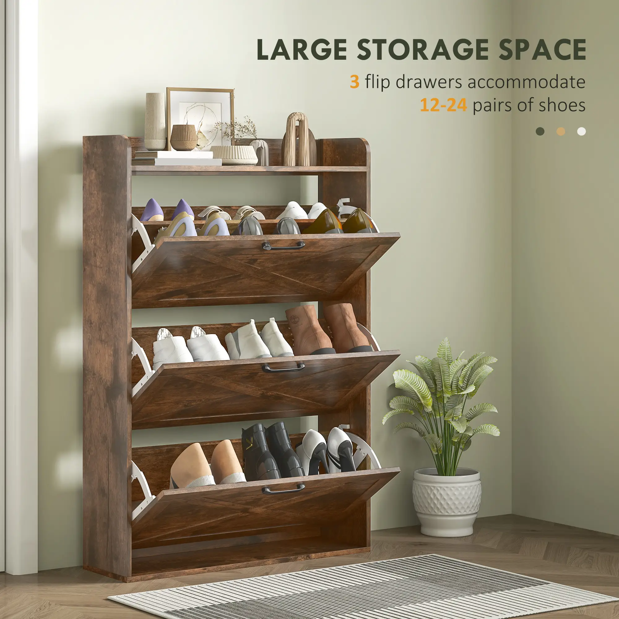 Narrow Shoe Storage Cabinet, 3 Flip Drawers, Adjustable Shelves, Rustic Brown - Image 4