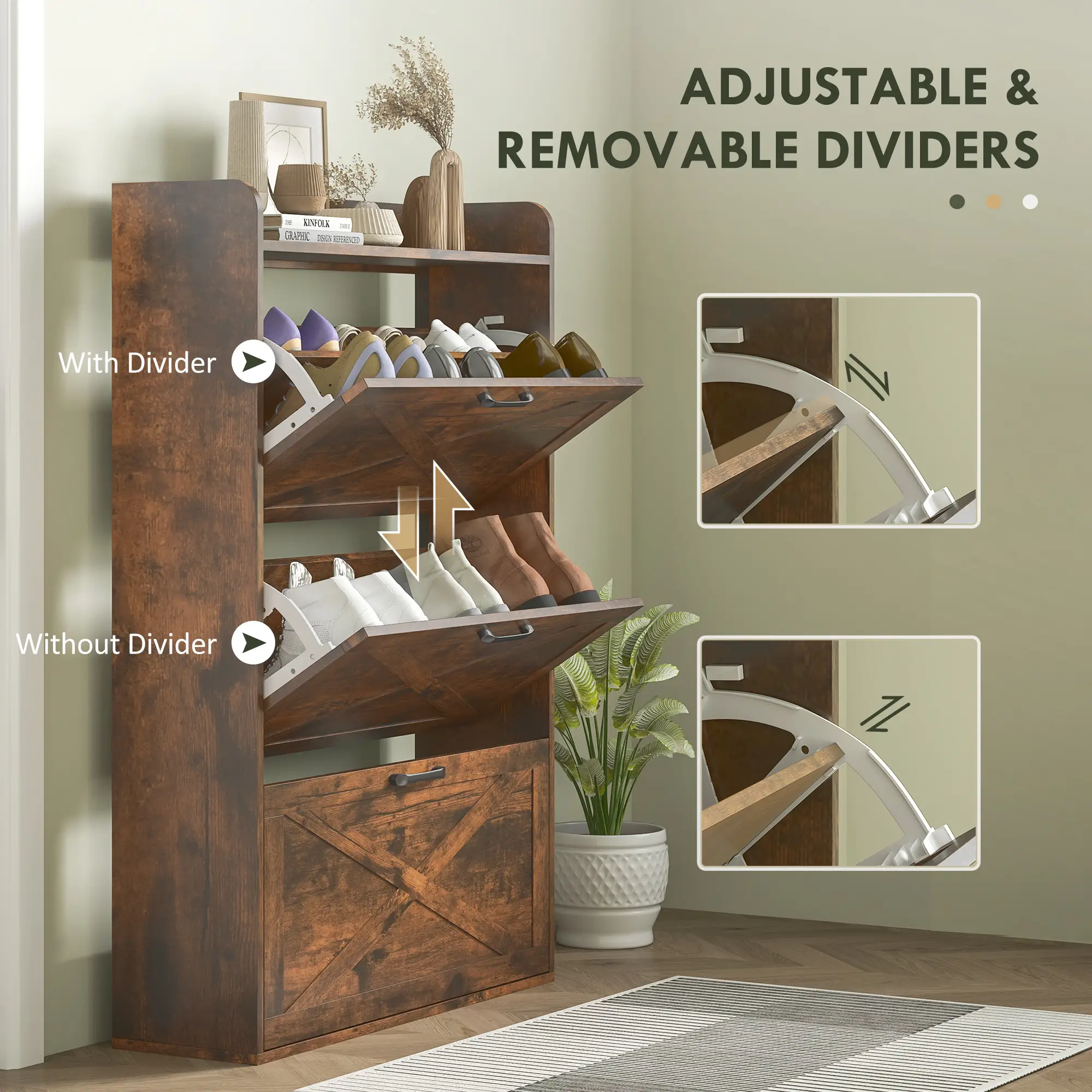 Narrow Shoe Storage Cabinet, 3 Flip Drawers, Adjustable Shelves, Rustic Brown - Image 5