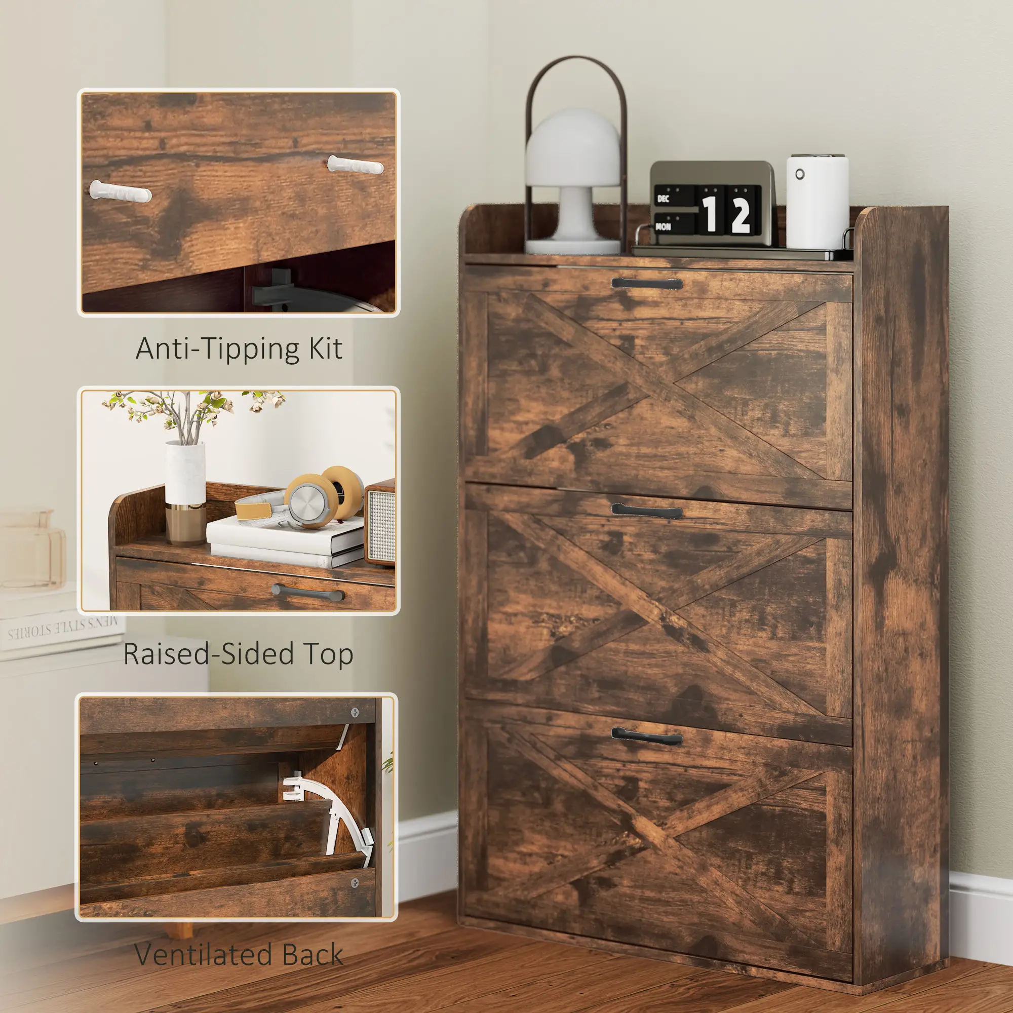 Narrow Shoe Storage Cabinet, 3 Flip Drawers, Adjustable Shelves, Rustic Brown - Image 7