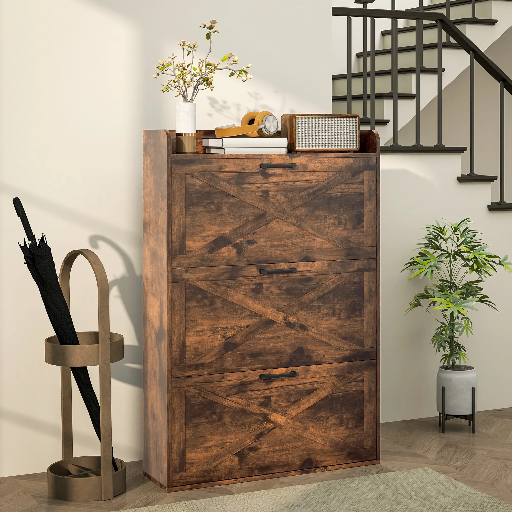 Narrow Shoe Storage Cabinet, 3 Flip Drawers, Adjustable Shelves, Rustic Brown - Image 8