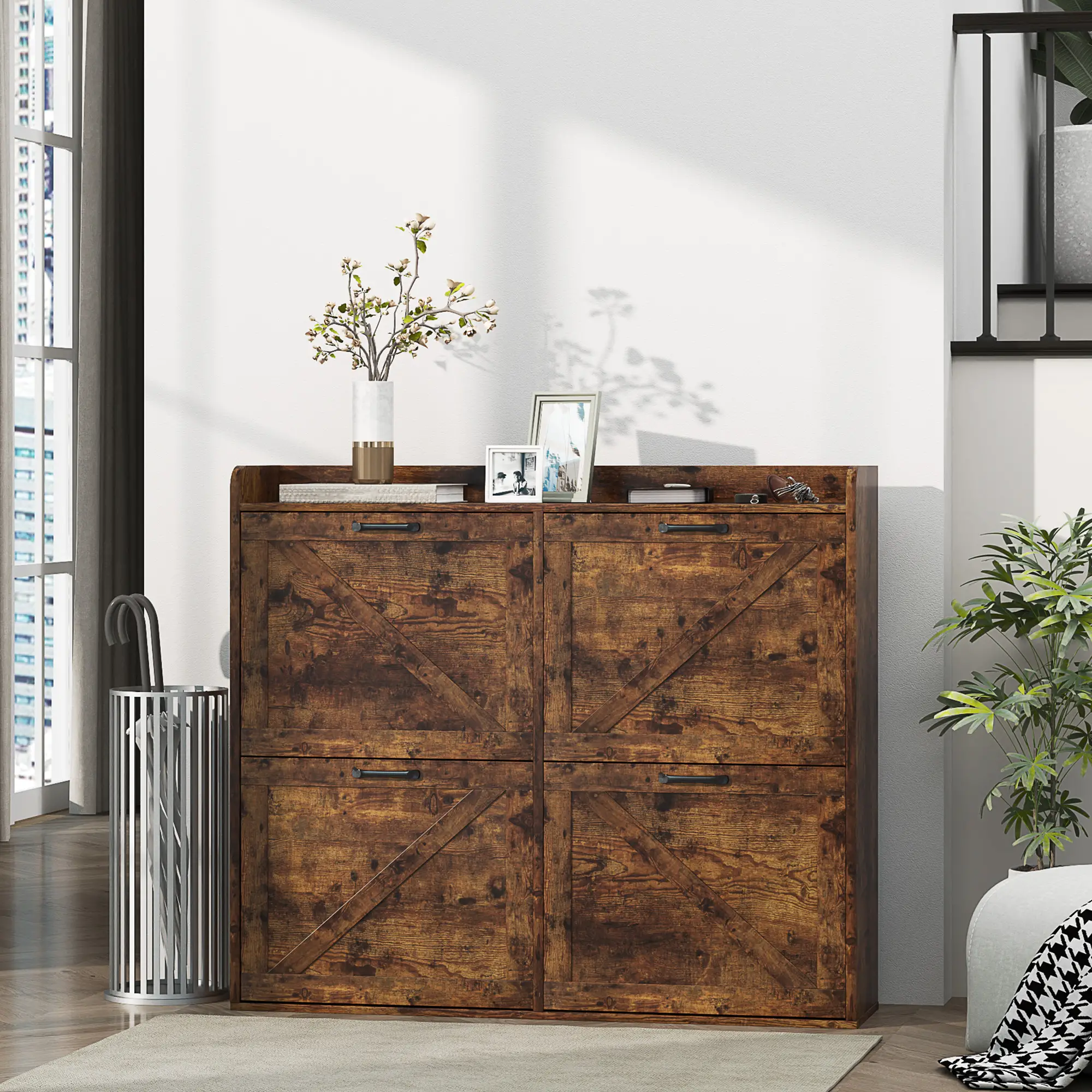 Narrow Shoe Storage Cabinet, 4 Flip Drawers, Adjustable Shelves, 16 Pair, Rustic Brown - Image 8