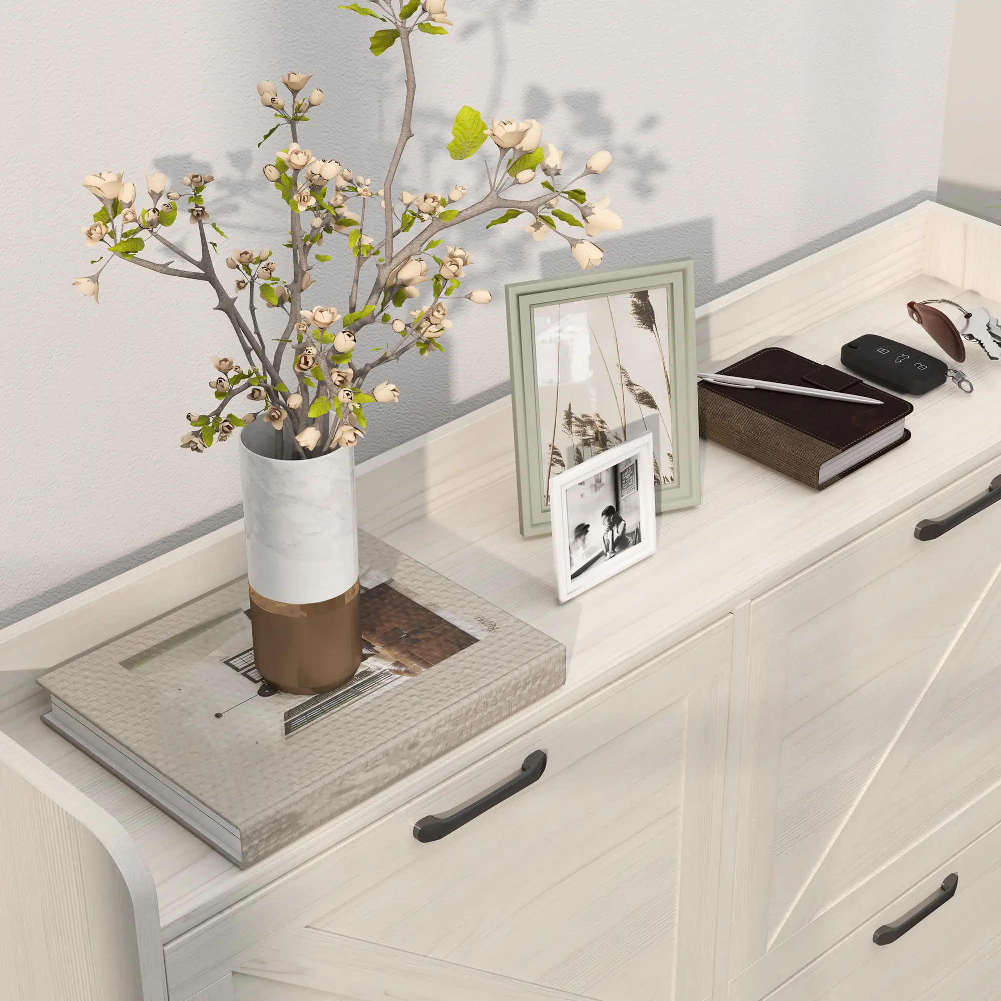 Narrow Shoe Storage Cabinet, 4 Flip Drawers, Adjustable Shelves, 16 Pair, White Oak - Image 10