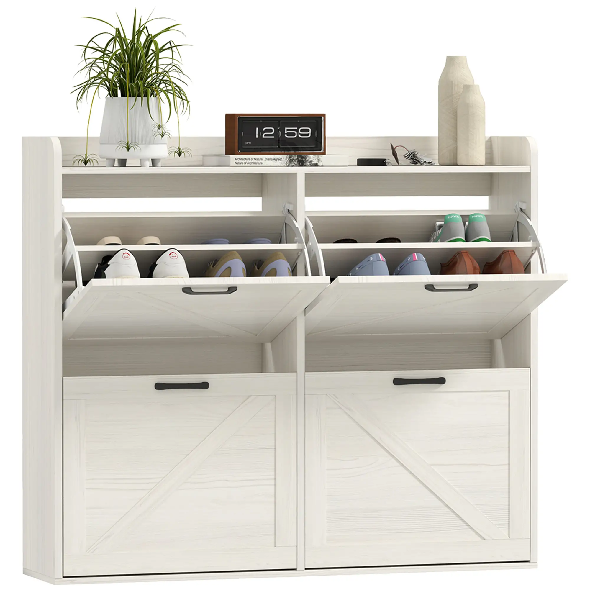 Narrow Shoe Storage Cabinet, 4 Flip Drawers, Adjustable Shelves, 16 Pair, White Oak - Image 11