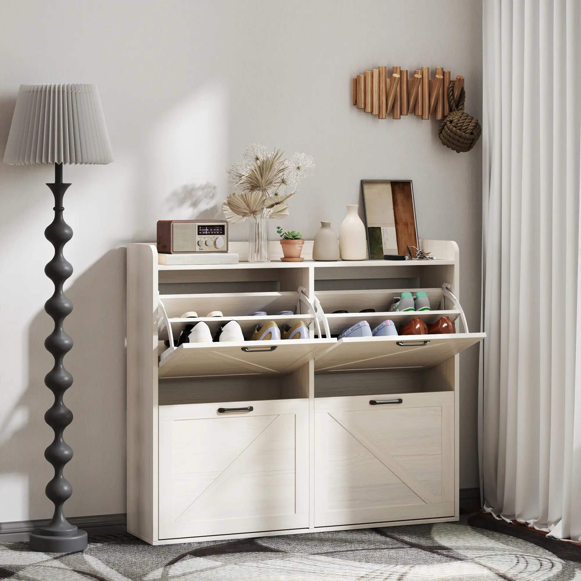 Narrow Shoe Storage Cabinet, 4 Flip Drawers, Adjustable Shelves, 16 Pair, White Oak - Image 2