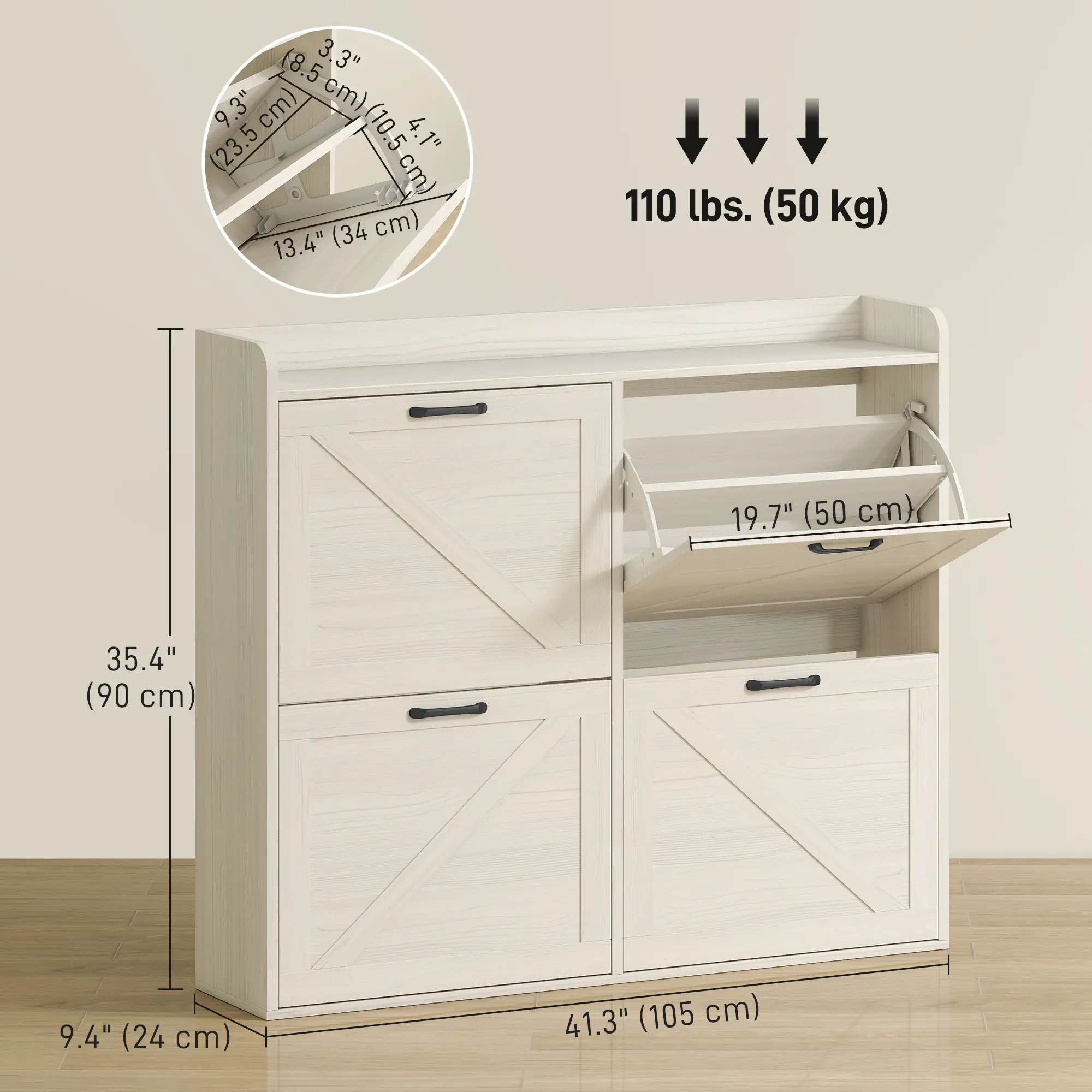Narrow Shoe Storage Cabinet, 4 Flip Drawers, Adjustable Shelves, 16 Pair, White Oak - Image 3