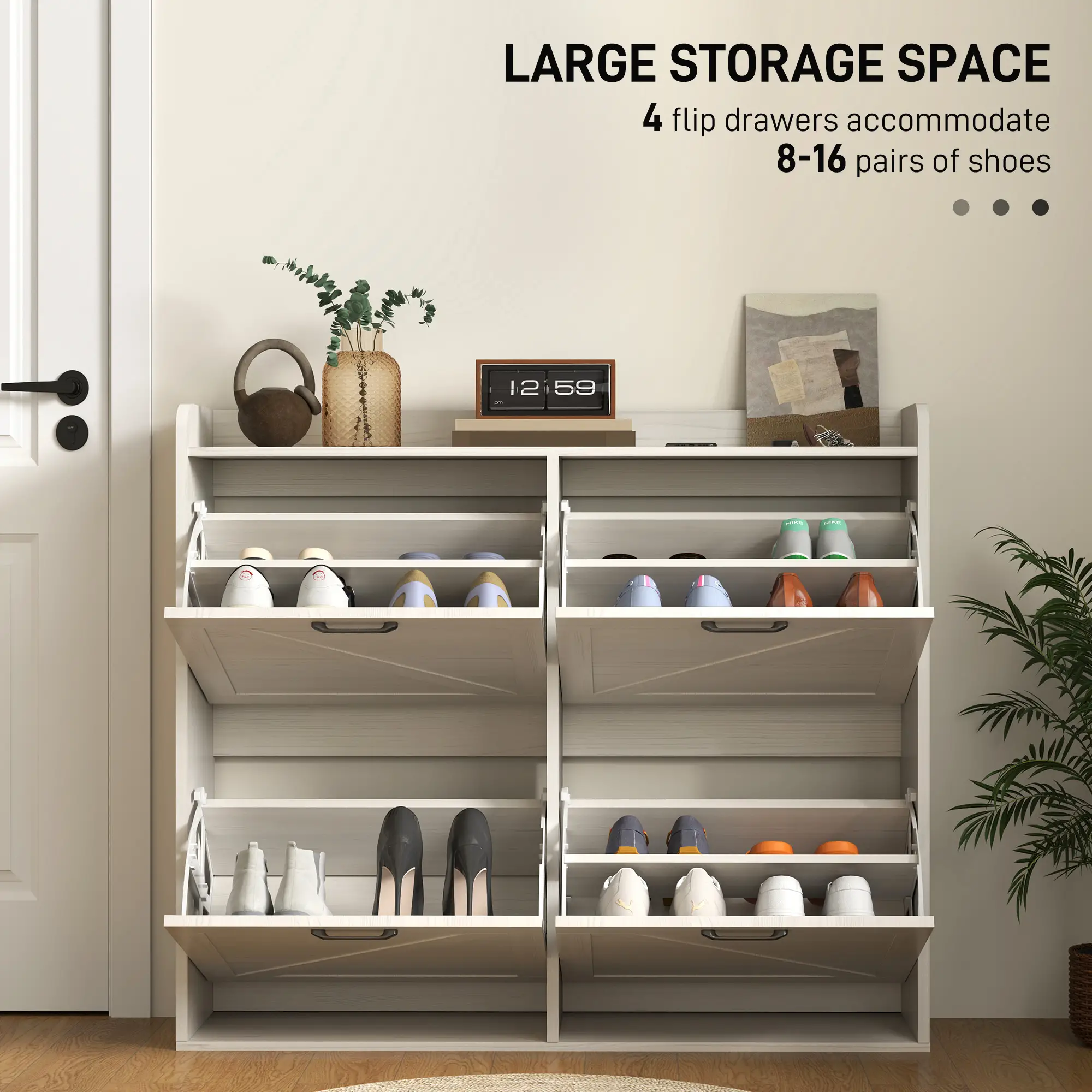 Narrow Shoe Storage Cabinet, 4 Flip Drawers, Adjustable Shelves, 16 Pair, White Oak - Image 4