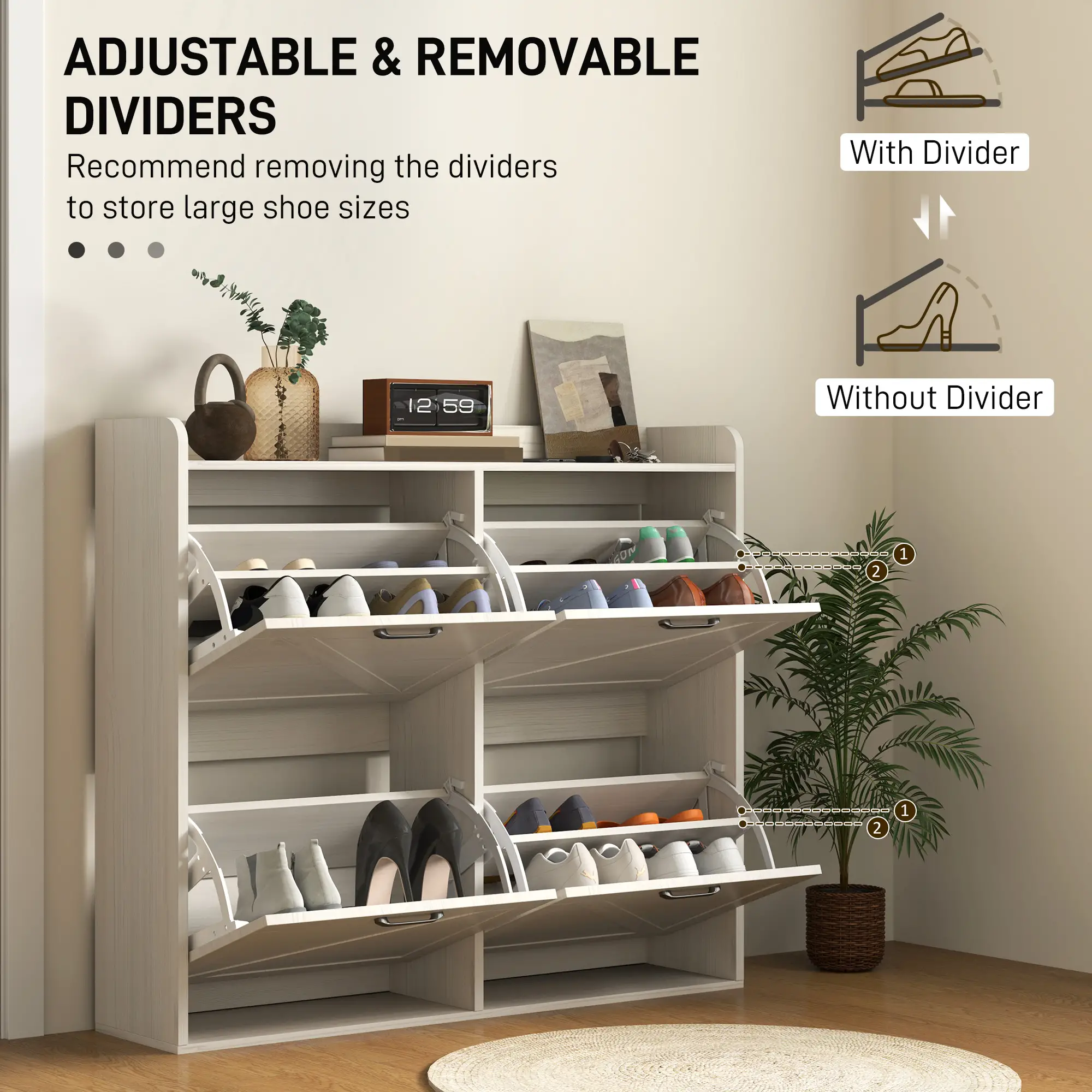 Narrow Shoe Storage Cabinet, 4 Flip Drawers, Adjustable Shelves, 16 Pair, White Oak - Image 5