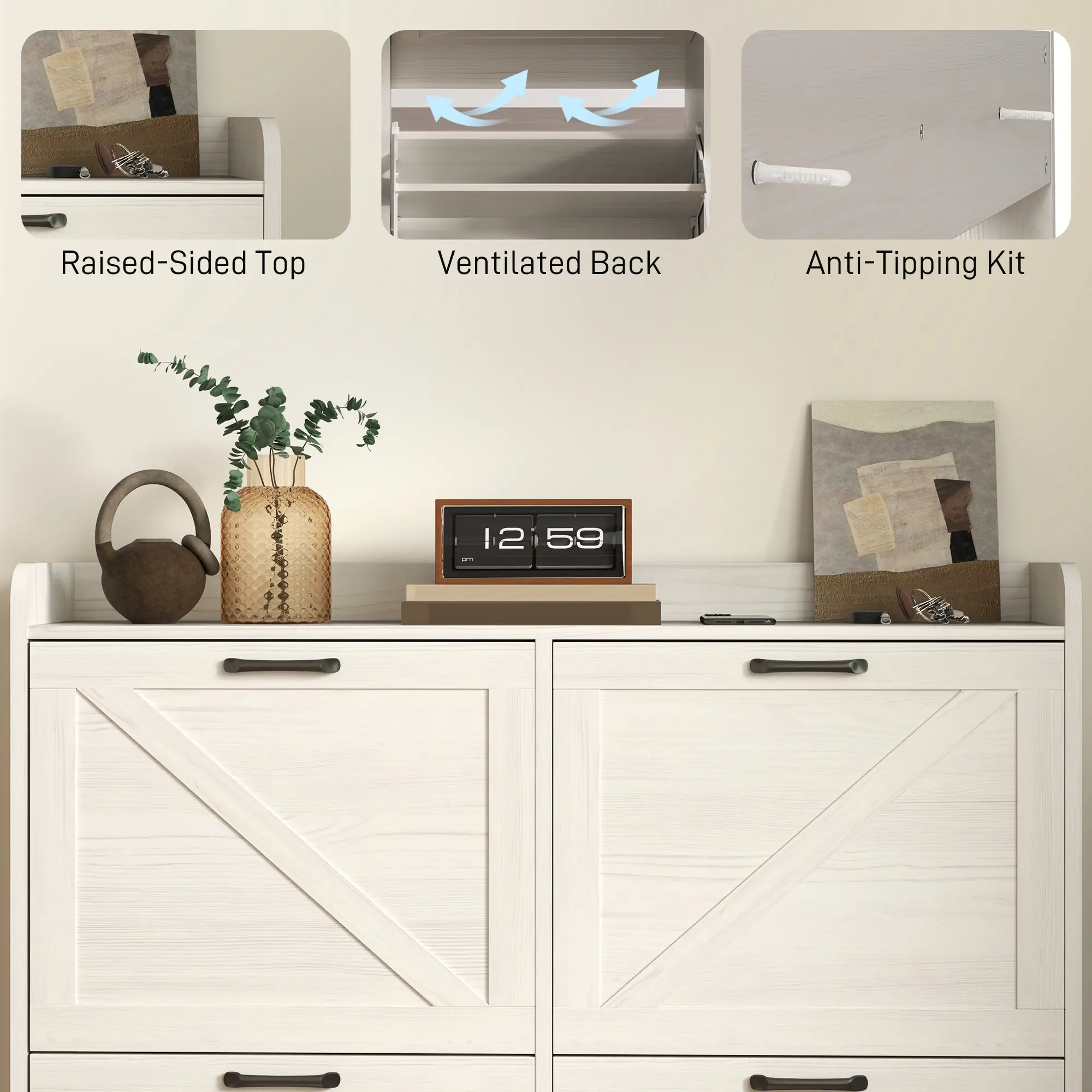 Narrow Shoe Storage Cabinet, 4 Flip Drawers, Adjustable Shelves, 16 Pair, White Oak - Image 7