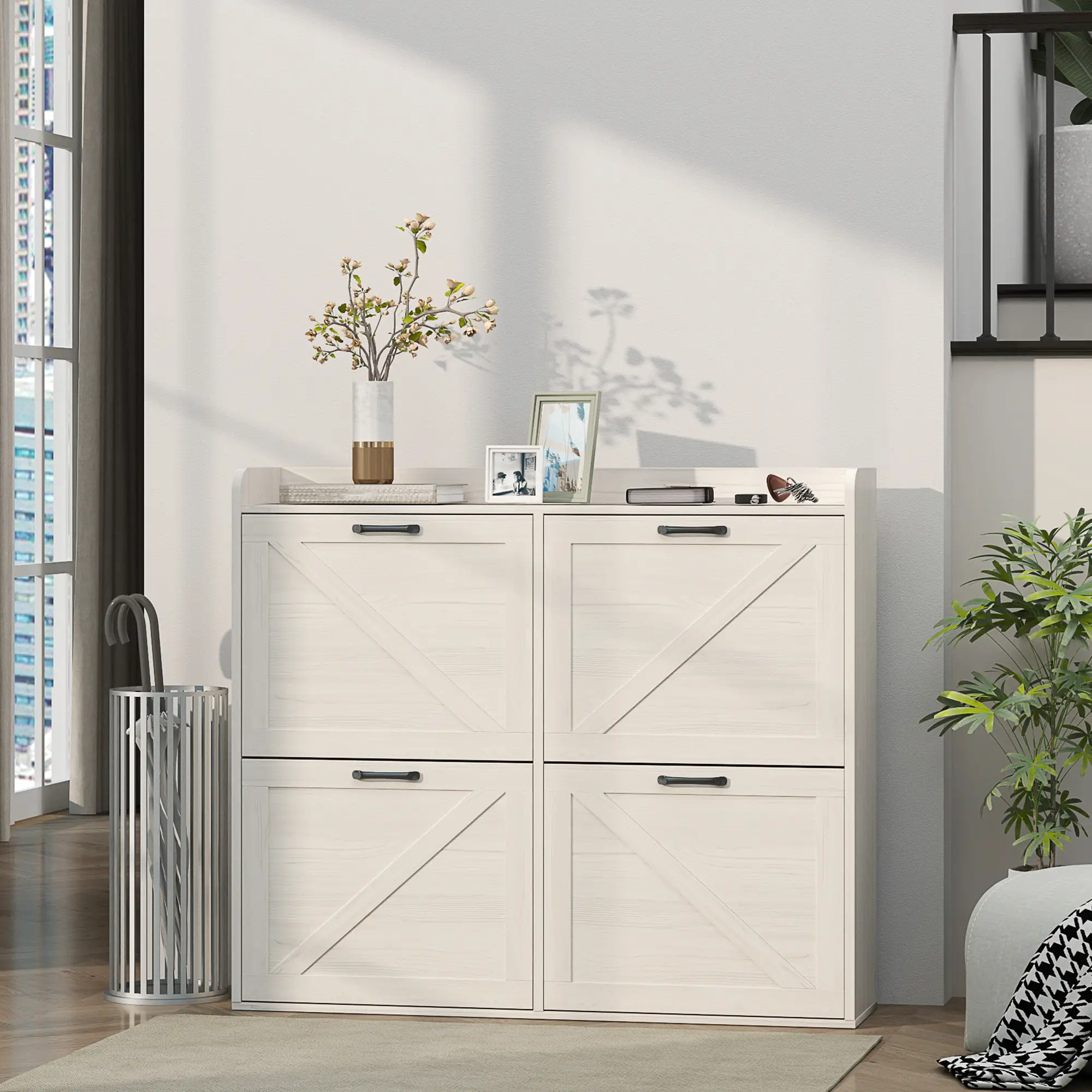 Narrow Shoe Storage Cabinet, 4 Flip Drawers, Adjustable Shelves, 16 Pair, White Oak - Image 8